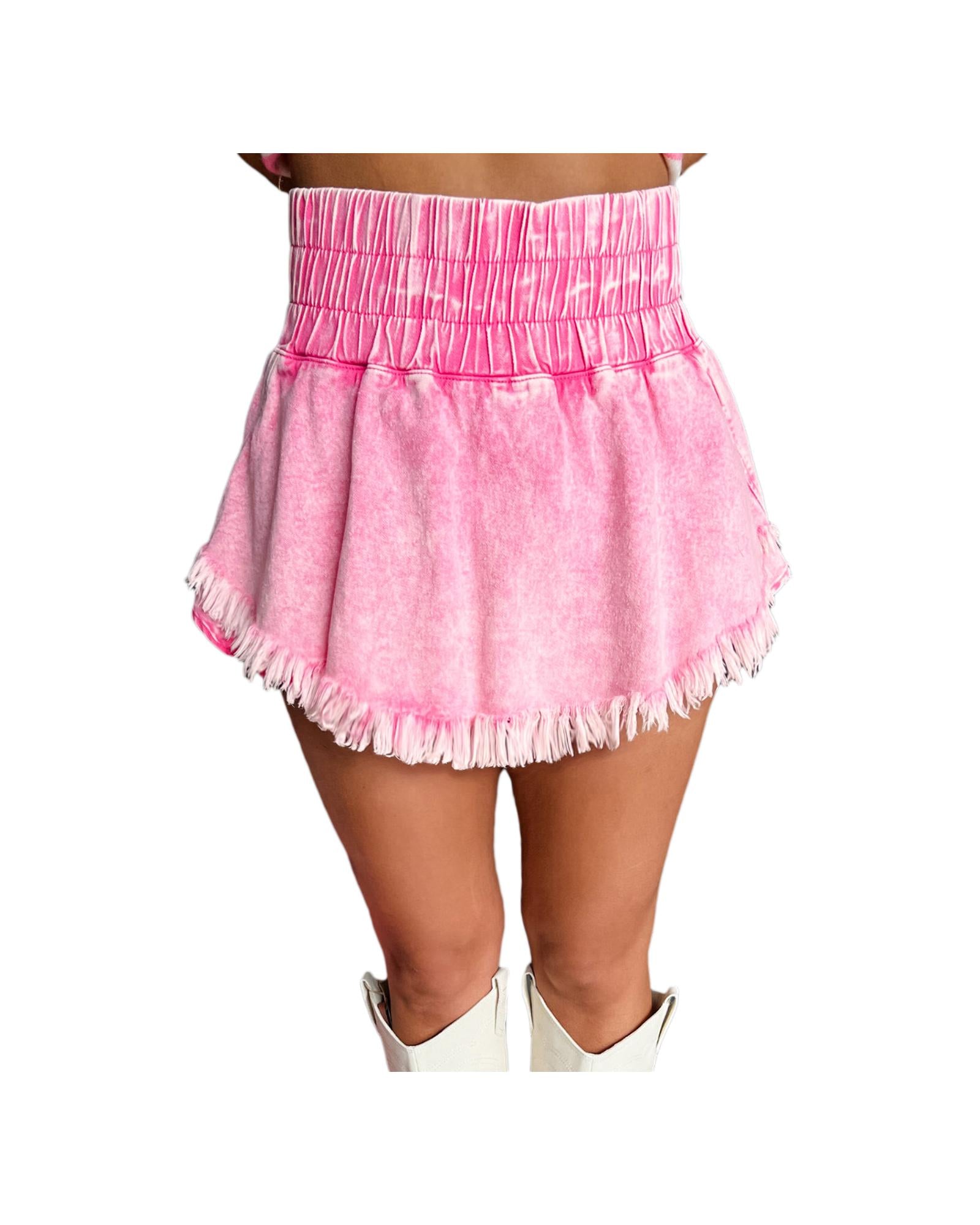 Pink Washed Wide Smocked Waistband Frayed Denim Shorts - 12 US