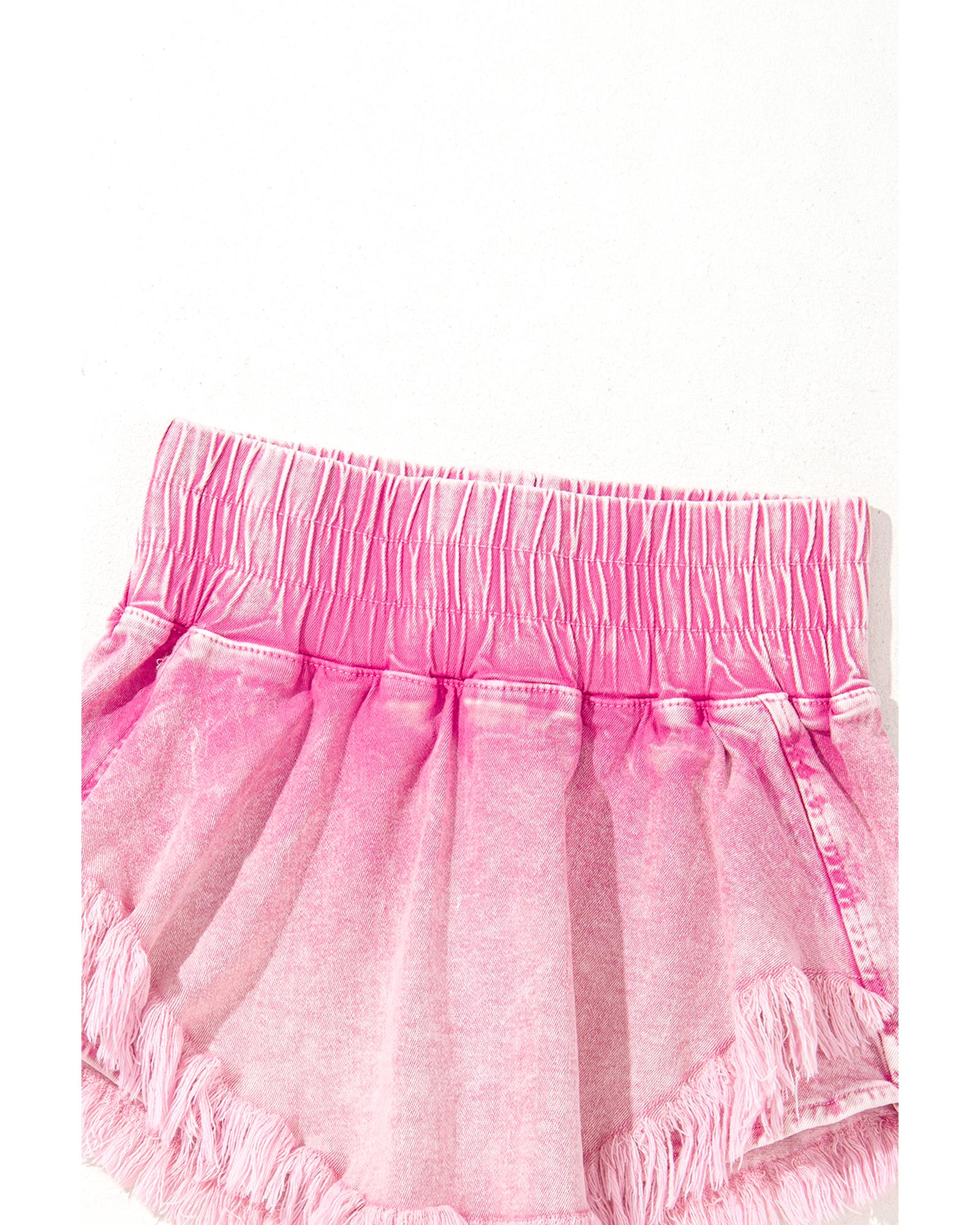 Pink Washed Wide Smocked Waistband Frayed Denim Shorts - 6 US
