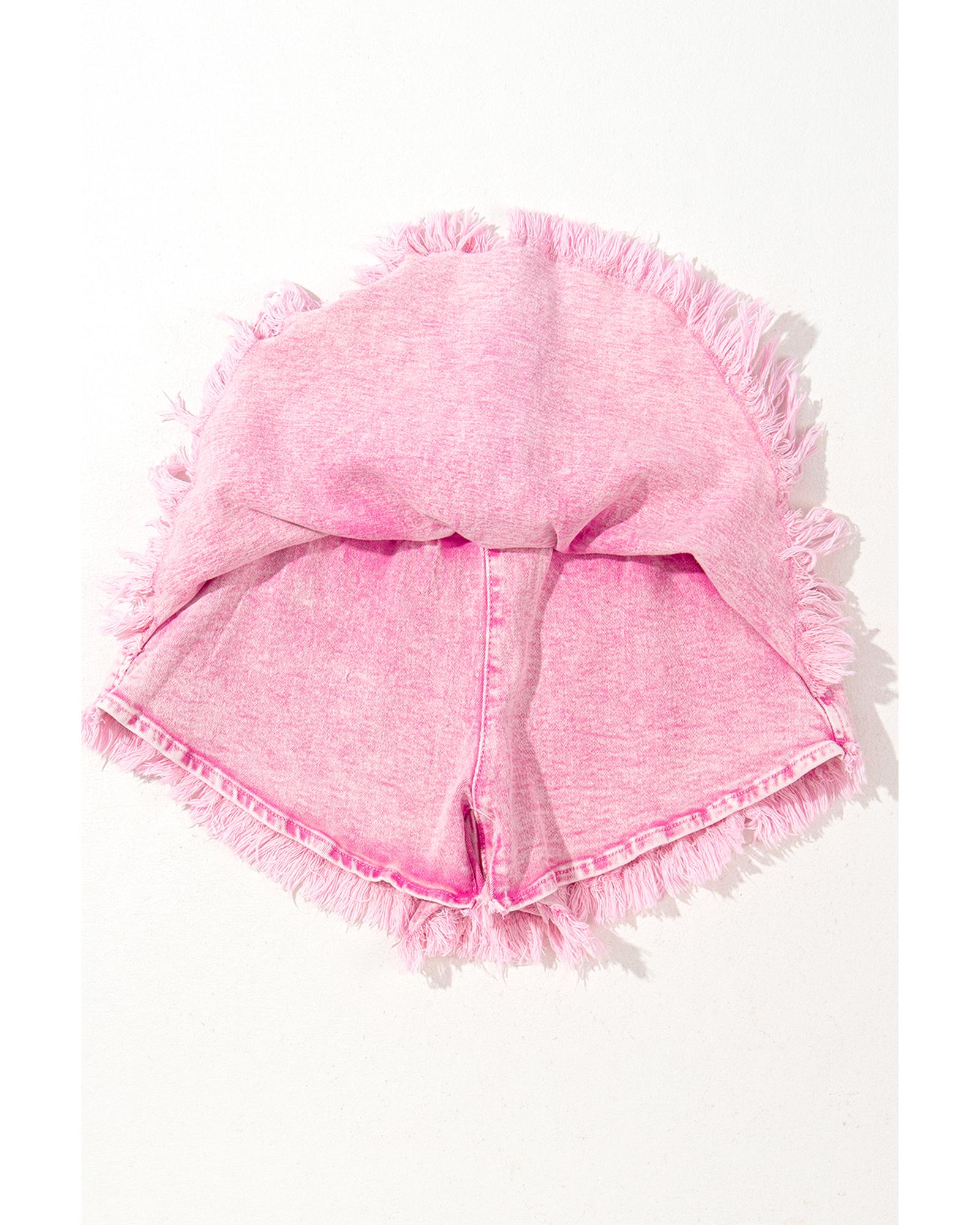 Pink Washed Wide Smocked Waistband Frayed Denim Shorts - 6 US