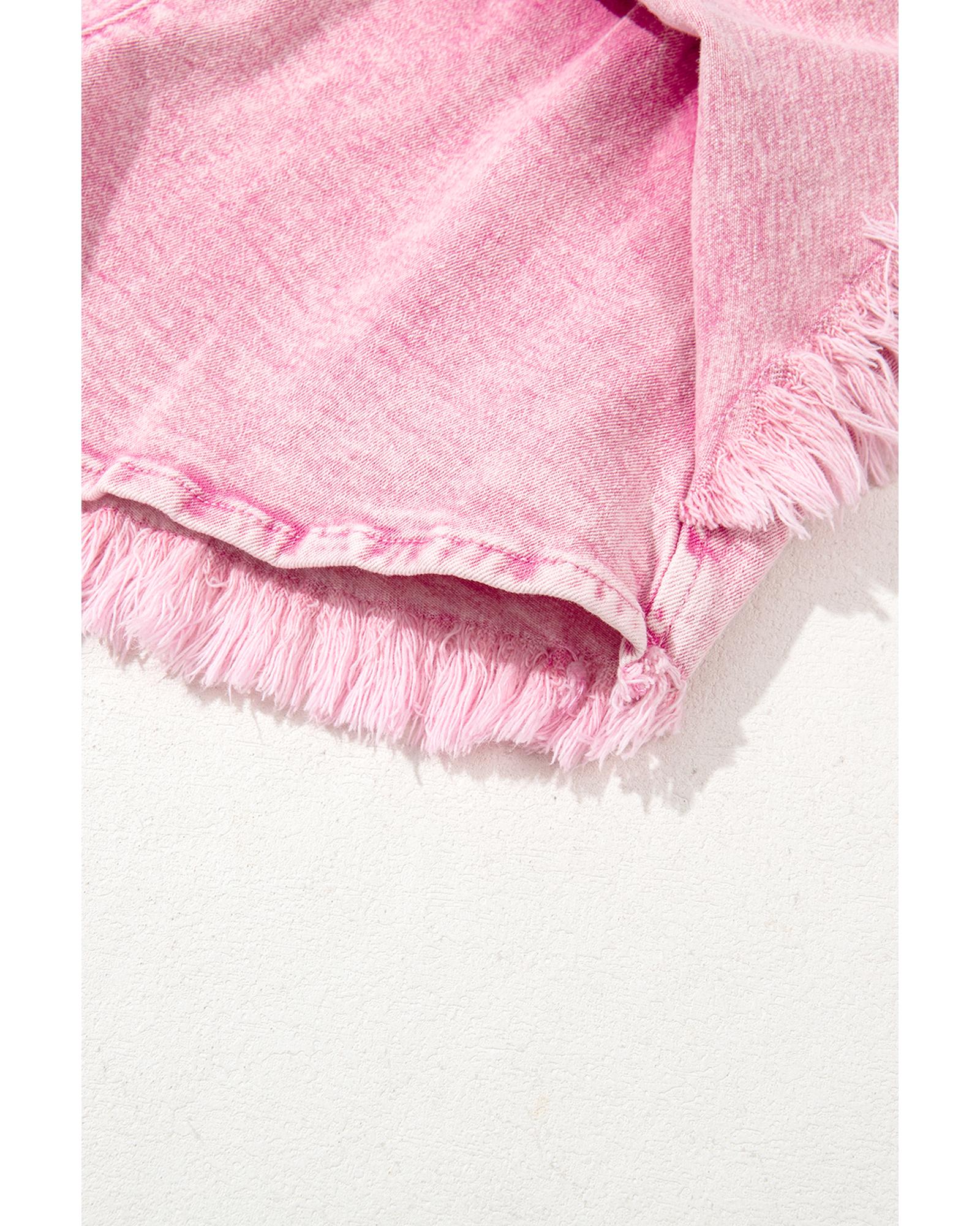 Pink Washed Wide Smocked Waistband Frayed Denim Shorts - 6 US