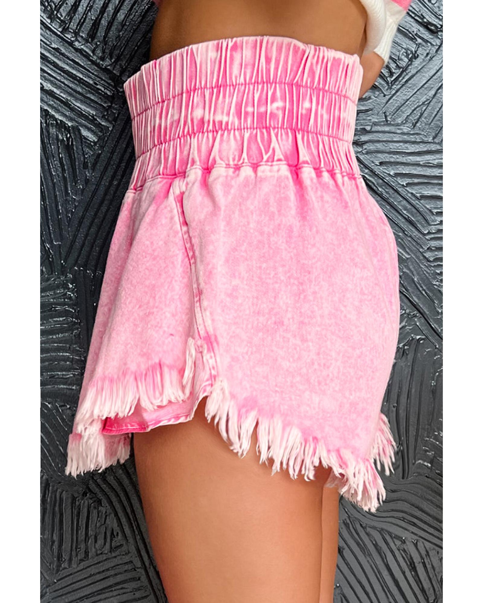 Pink Washed Wide Smocked Waistband Frayed Denim Shorts - 8 US