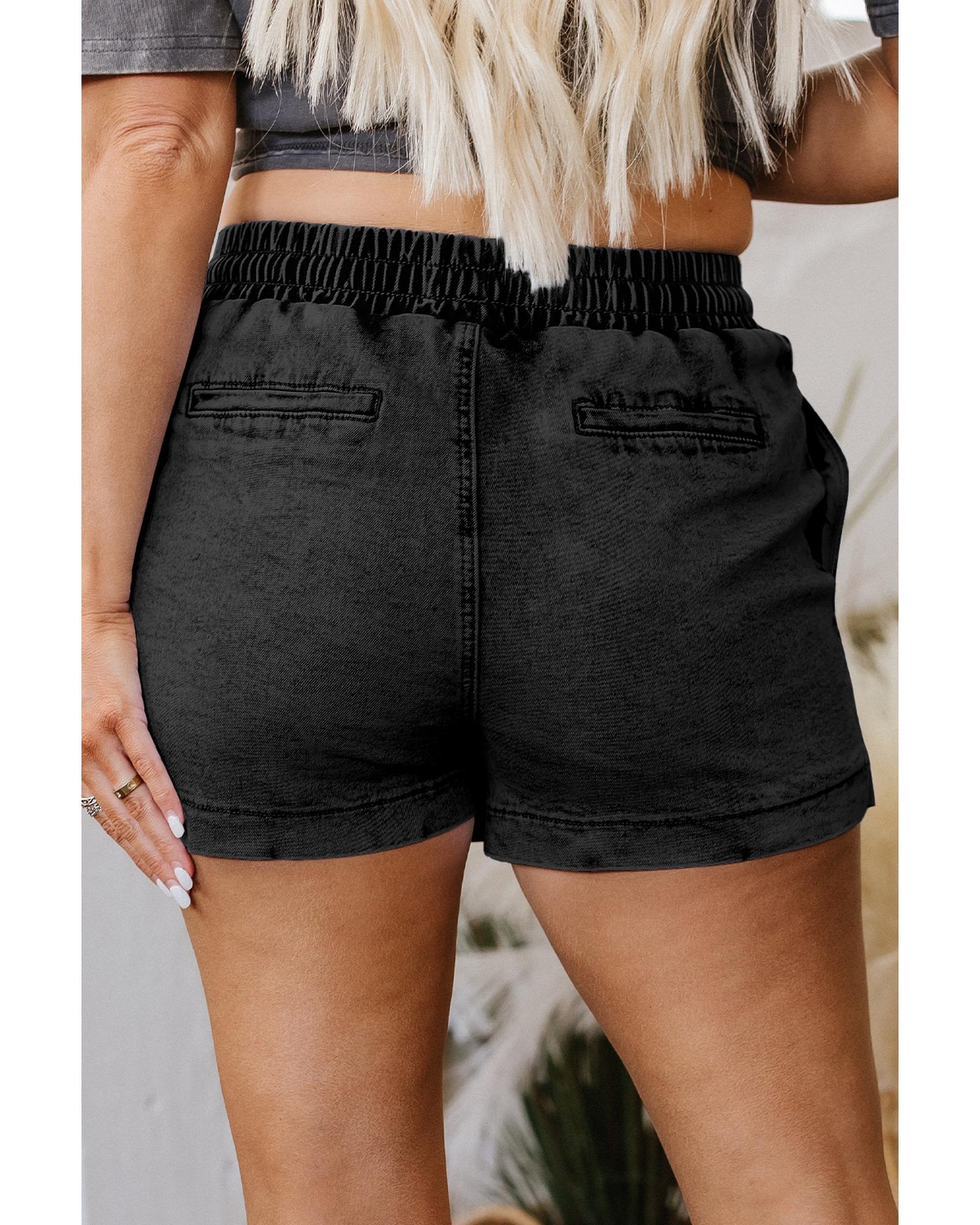 Black Drawstring High Waist Pocketed Denim Shorts - 8 US