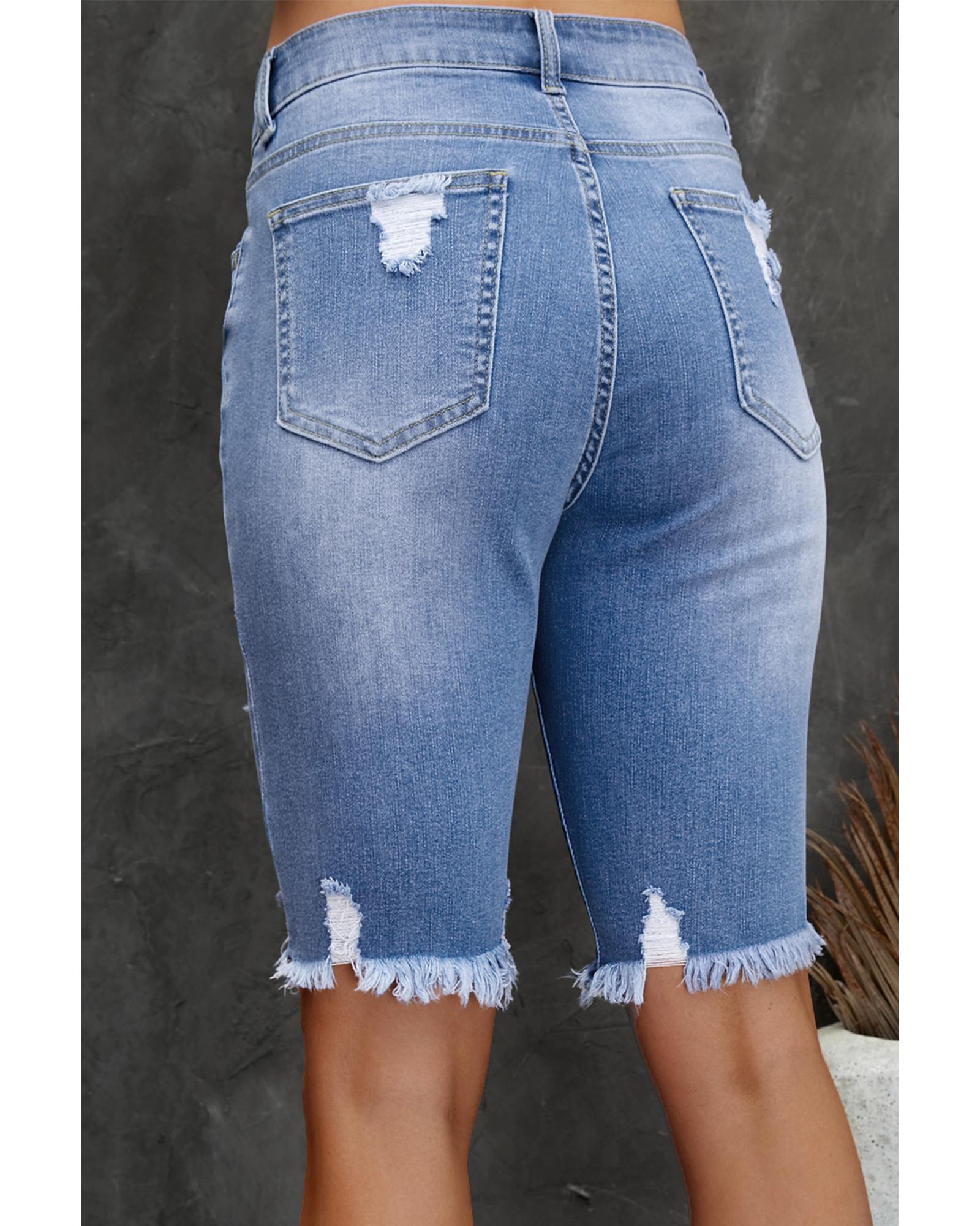 Sky Blue Ripped Tassel Bermuda Denim Shorts - M