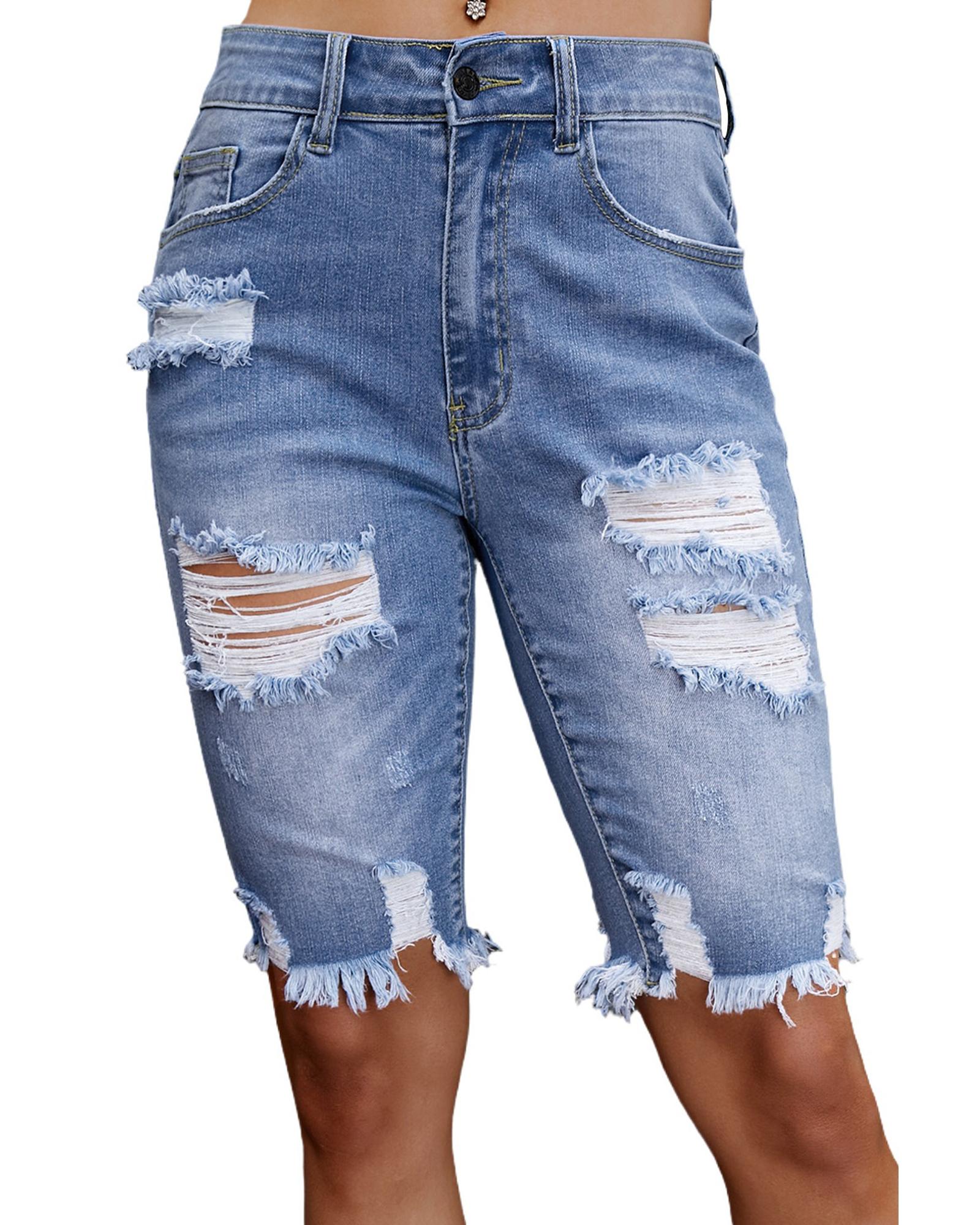 Sky Blue Ripped Tassel Bermuda Denim Shorts - S