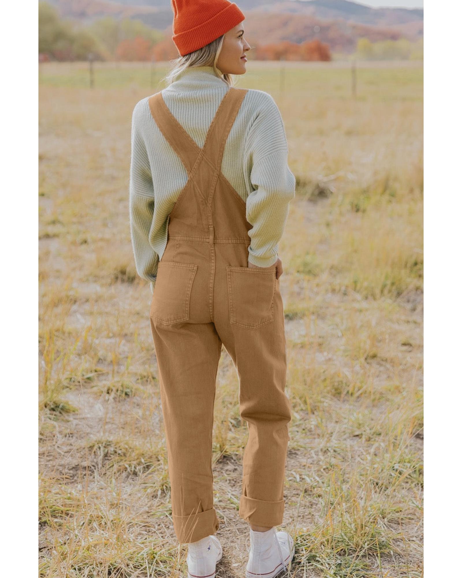 Khaki Vintage Multi Pockets Buckle Strap Cargo Denim Overalls - XL