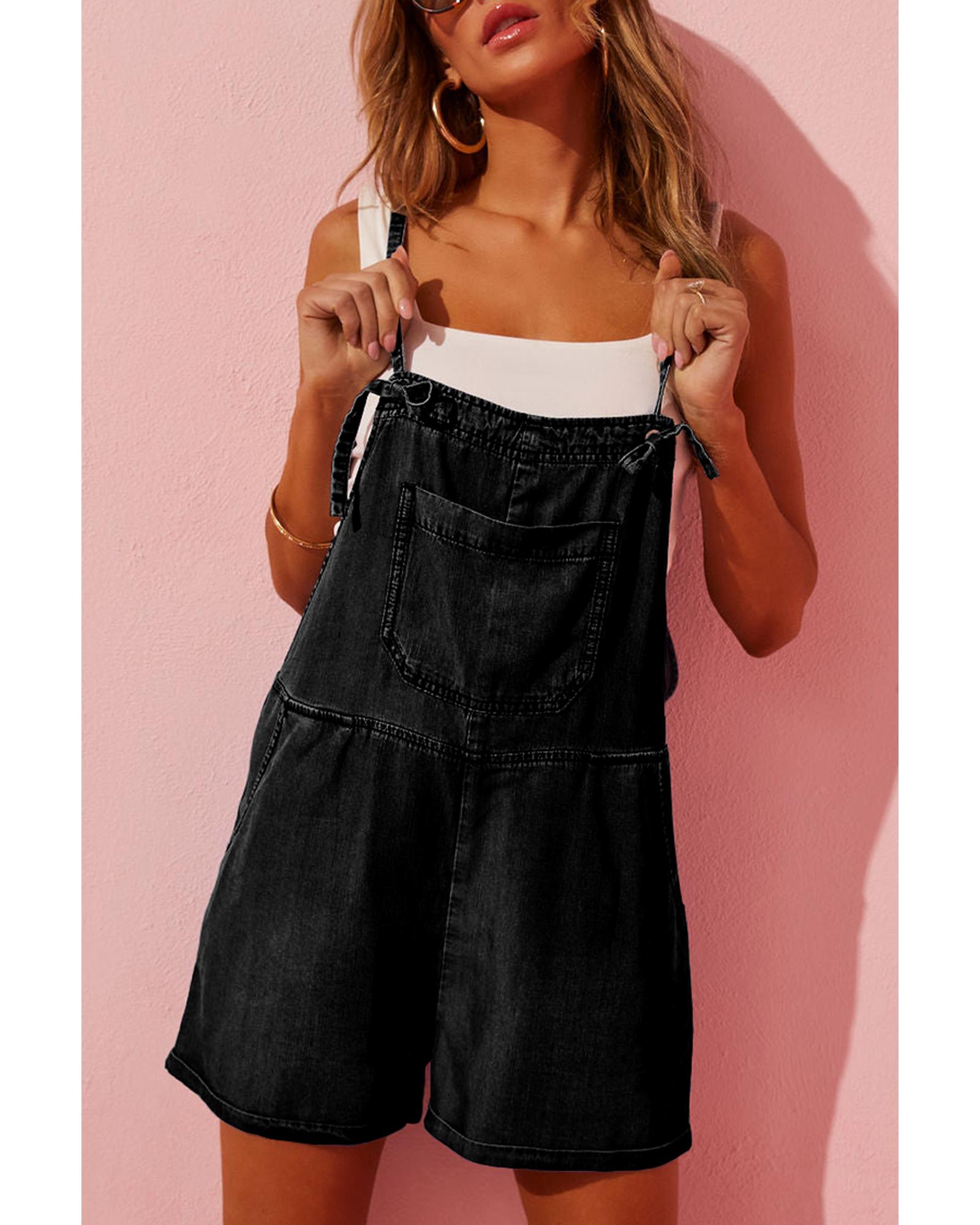 Black Grommet Tie Straps Casual Denim Romper - XL