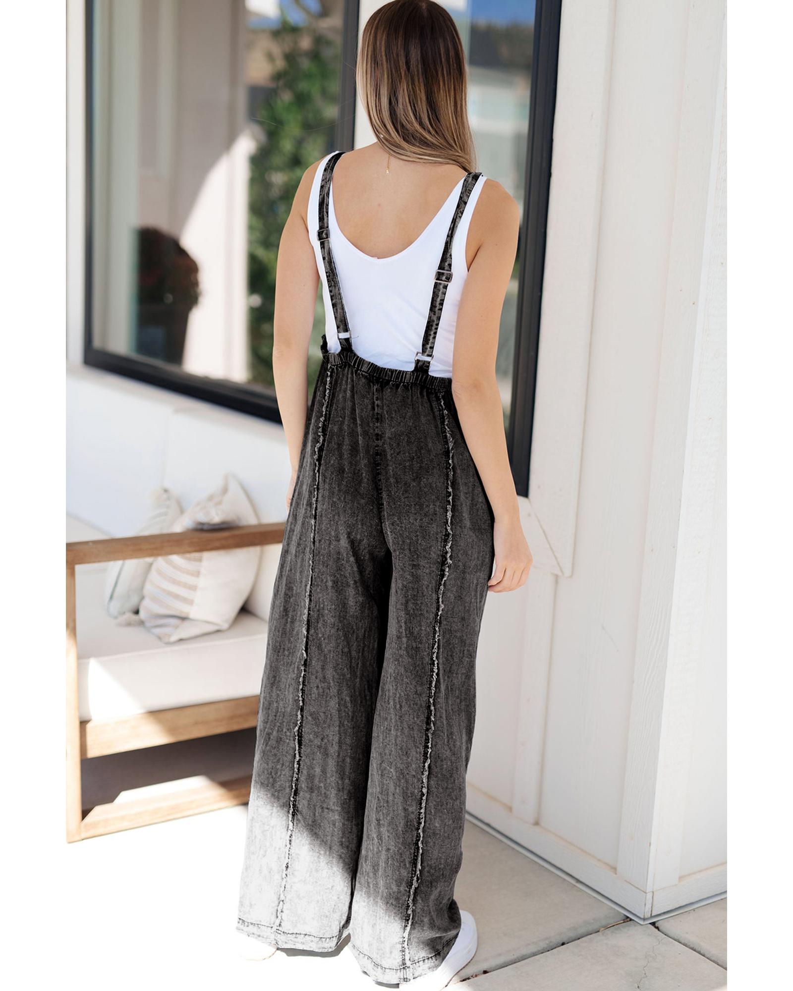Dark Grey Light Wash Frayed Exposed Seam Wide Leg Denim Overall - L