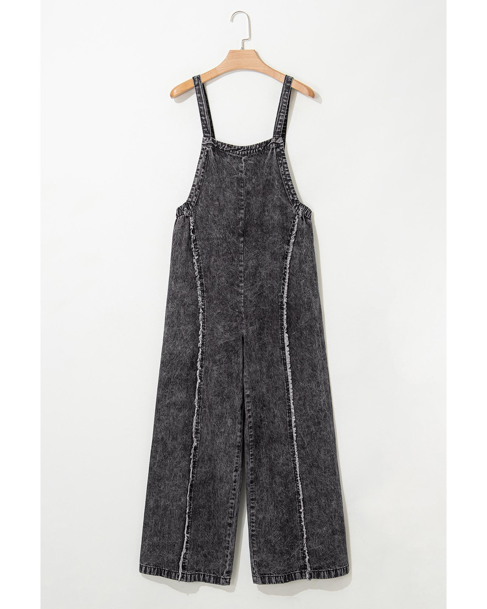 Dark Grey Light Wash Frayed Exposed Seam Wide Leg Denim Overall - L
