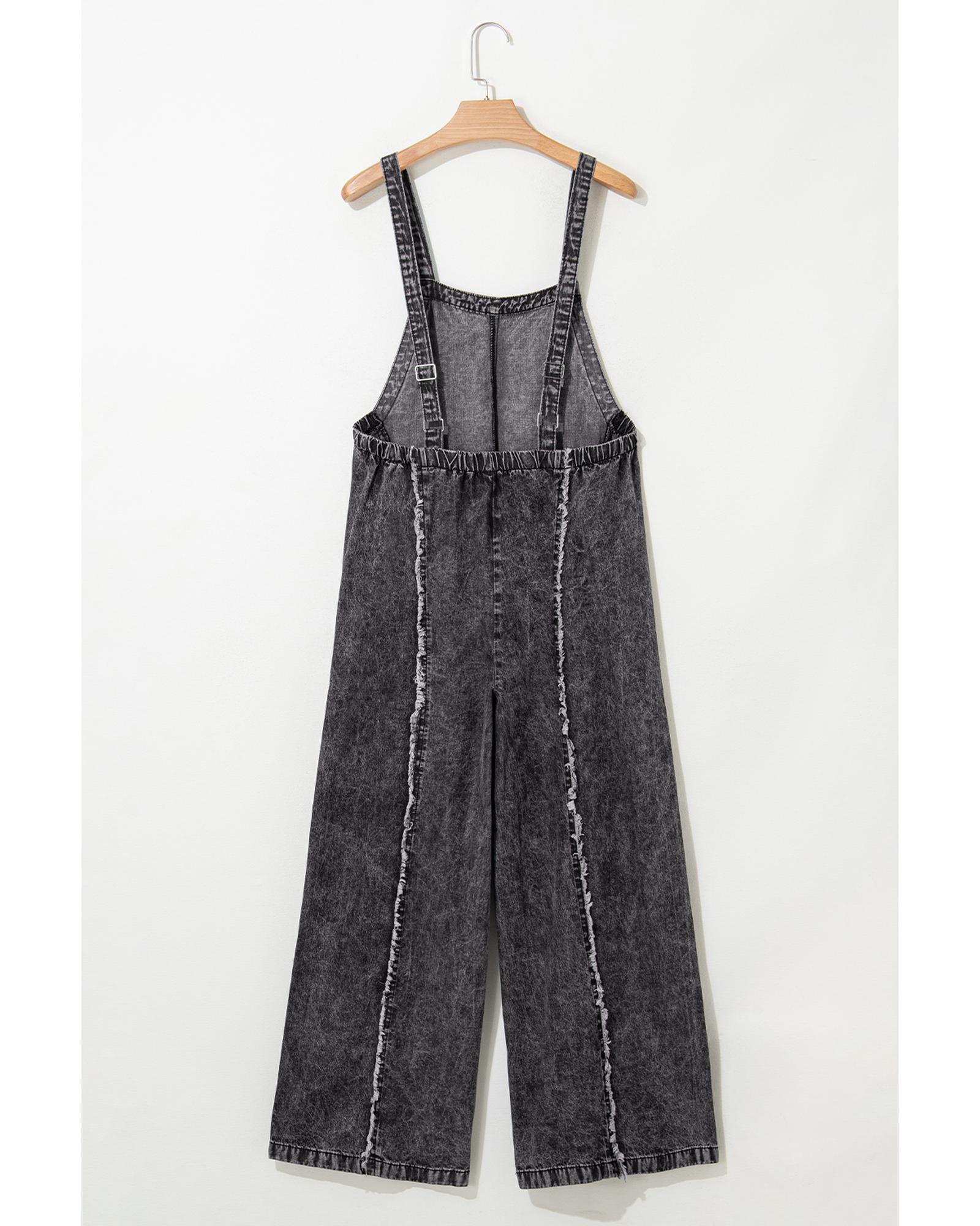 Dark Grey Light Wash Frayed Exposed Seam Wide Leg Denim Overall - L