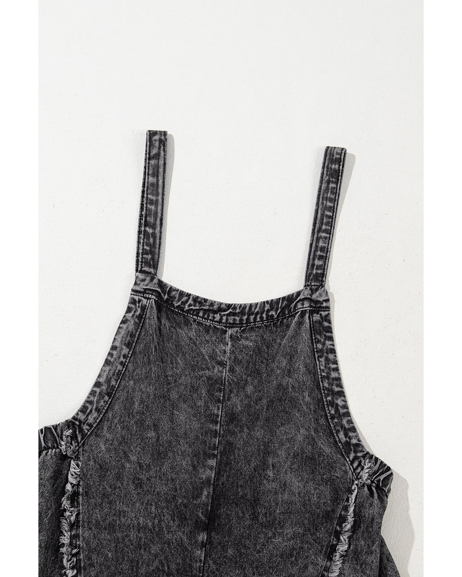 Dark Grey Light Wash Frayed Exposed Seam Wide Leg Denim Overall - S