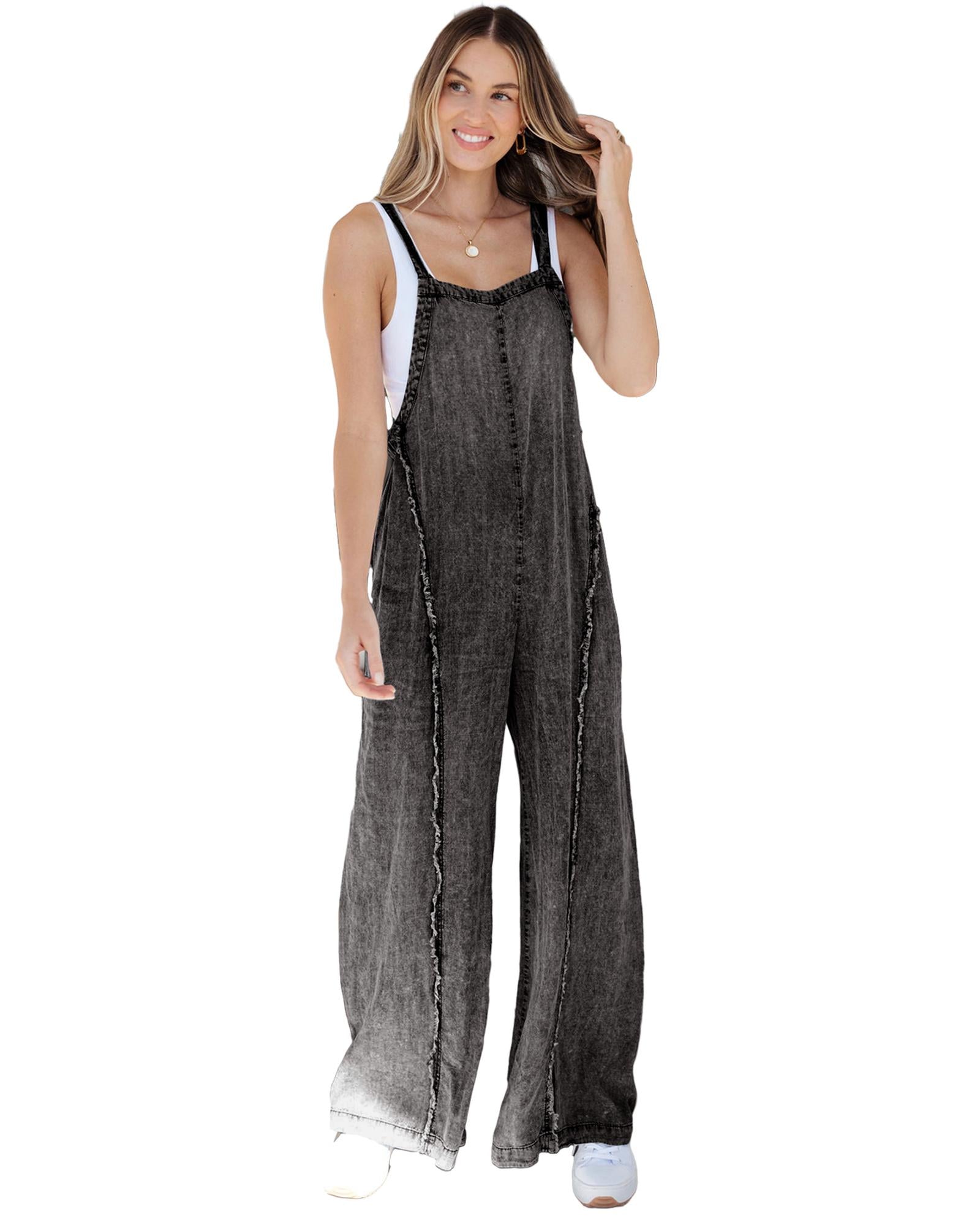 Dark Grey Light Wash Frayed Exposed Seam Wide Leg Denim Overall - S
