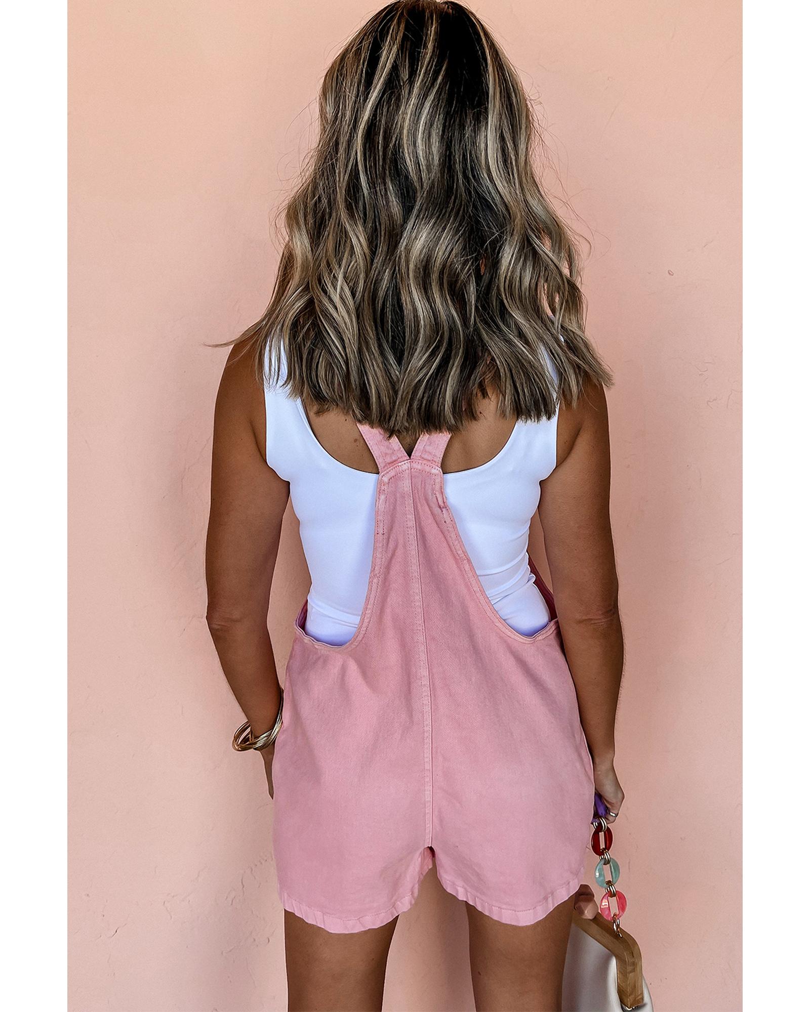 Pink Solid Color Knot Straps Denim Romper with Pockets - XL