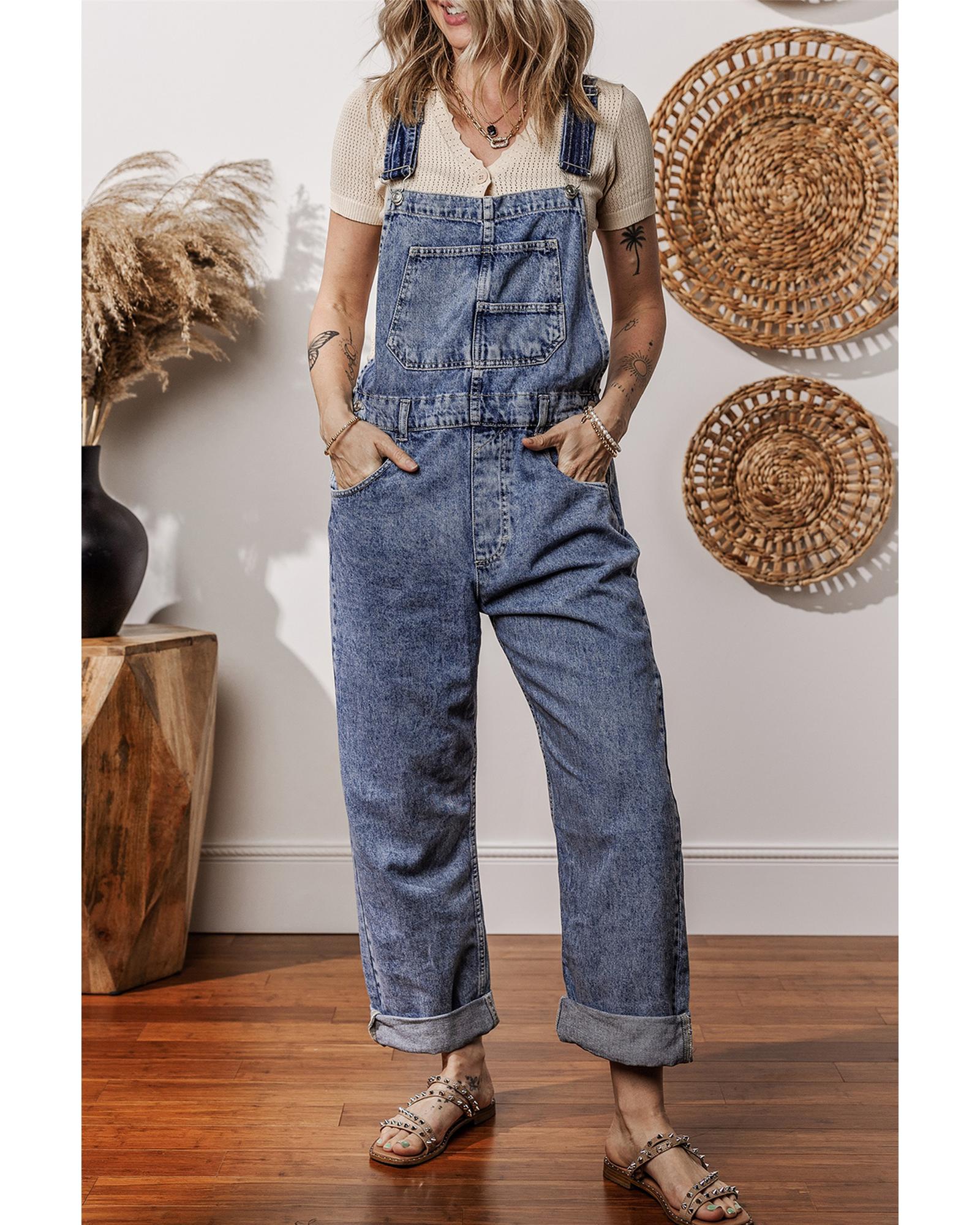 Sail Blue Denim Bib Straight Leg Jumpsuit with Pockets - M