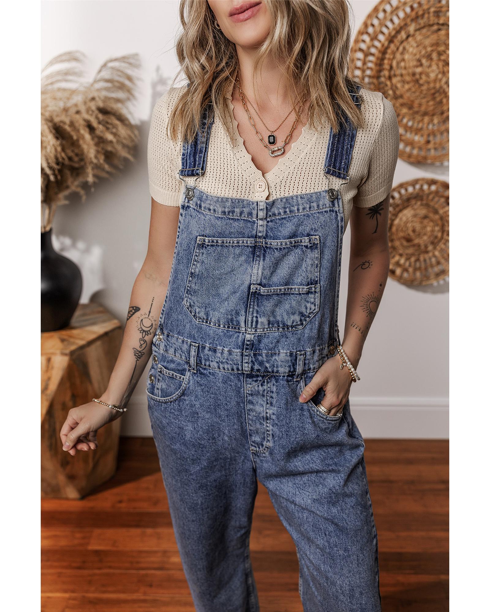 Sail Blue Denim Bib Straight Leg Jumpsuit with Pockets - XL
