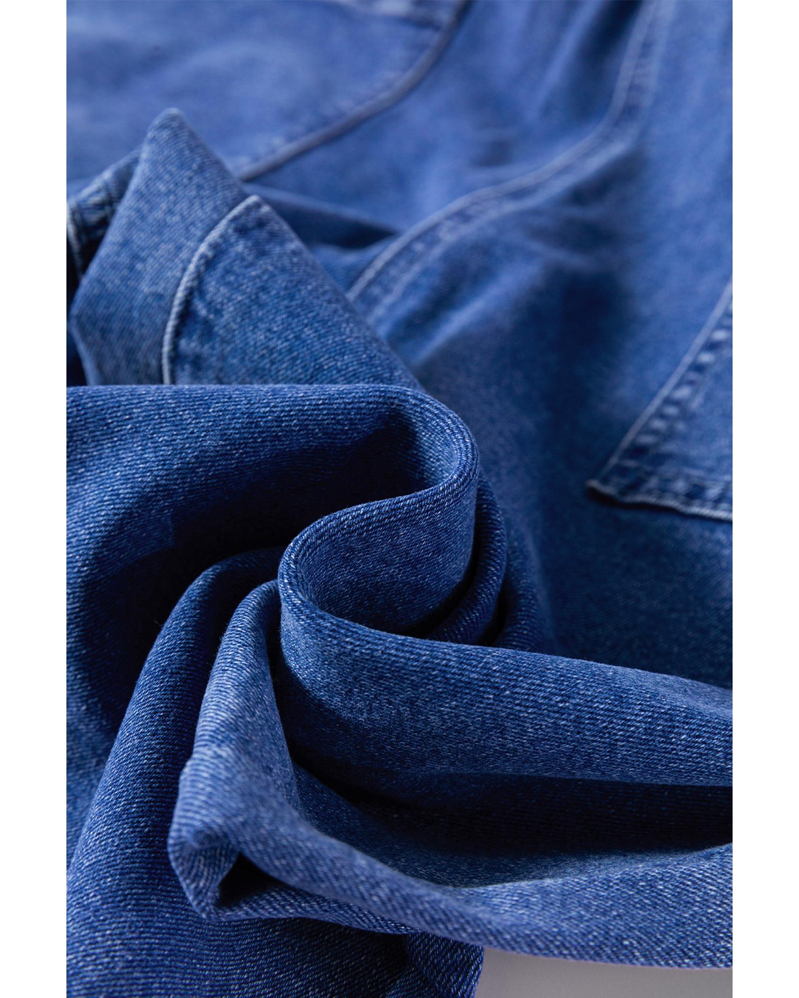 Prussian Blue Mineral Wash Knotted Strap Patched Pocket Wide Leg Denim Overalls - L