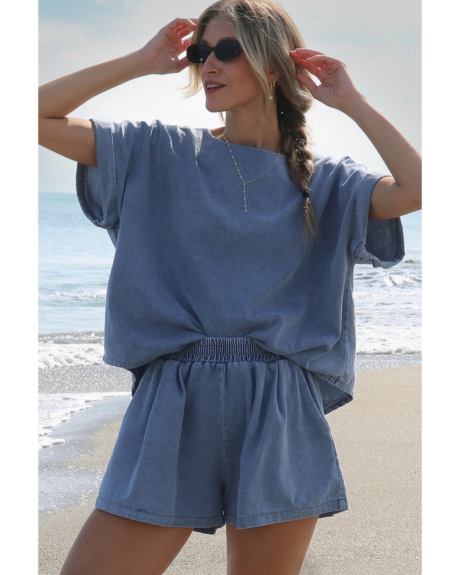 Light Blue Denim Cuffed Sleeve Tee Elastic Shorts Set - L