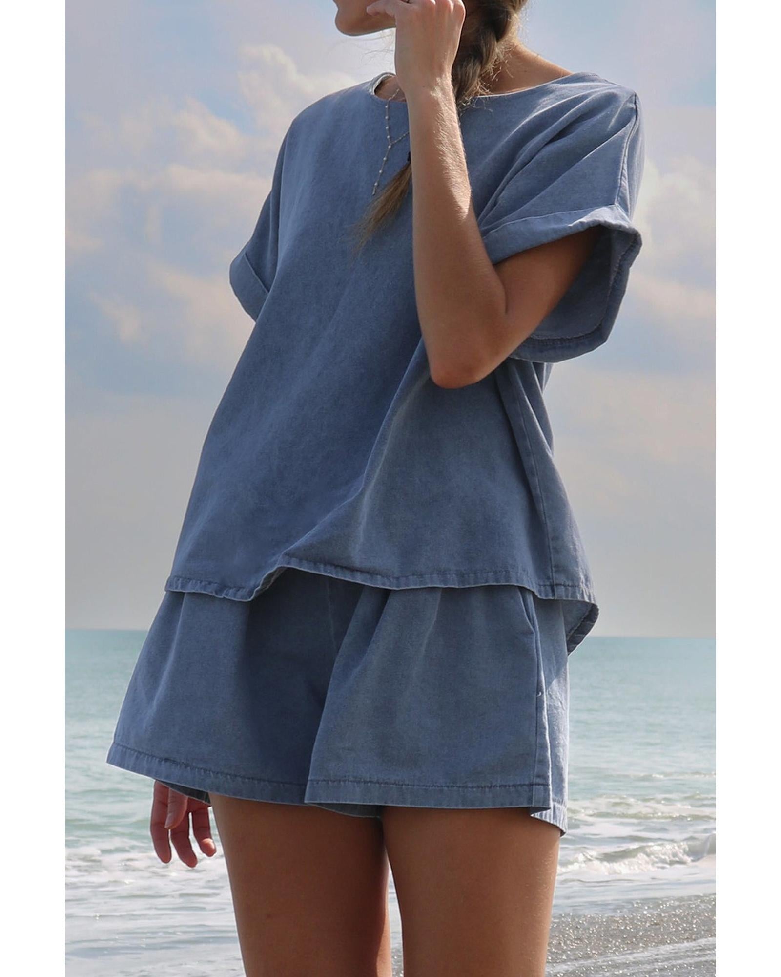 Light Blue Denim Cuffed Sleeve Tee Elastic Shorts Set - L