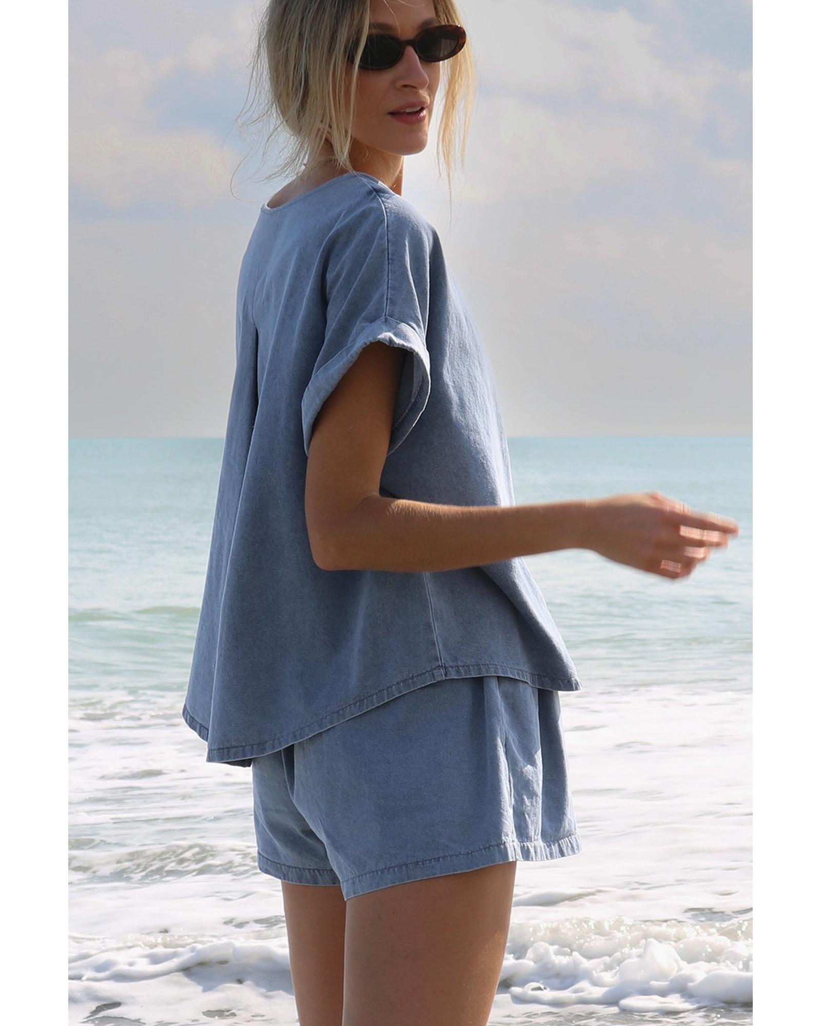Light Blue Denim Cuffed Sleeve Tee Elastic Shorts Set - L