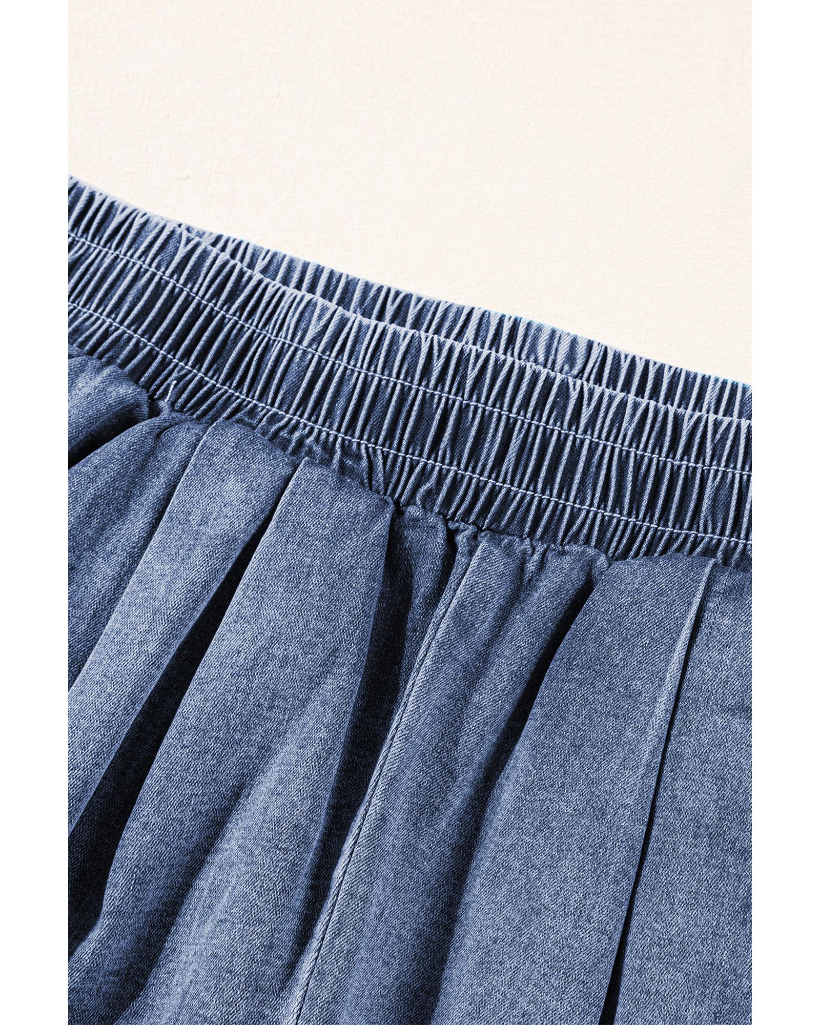 Light Blue Denim Cuffed Sleeve Tee Elastic Shorts Set - L