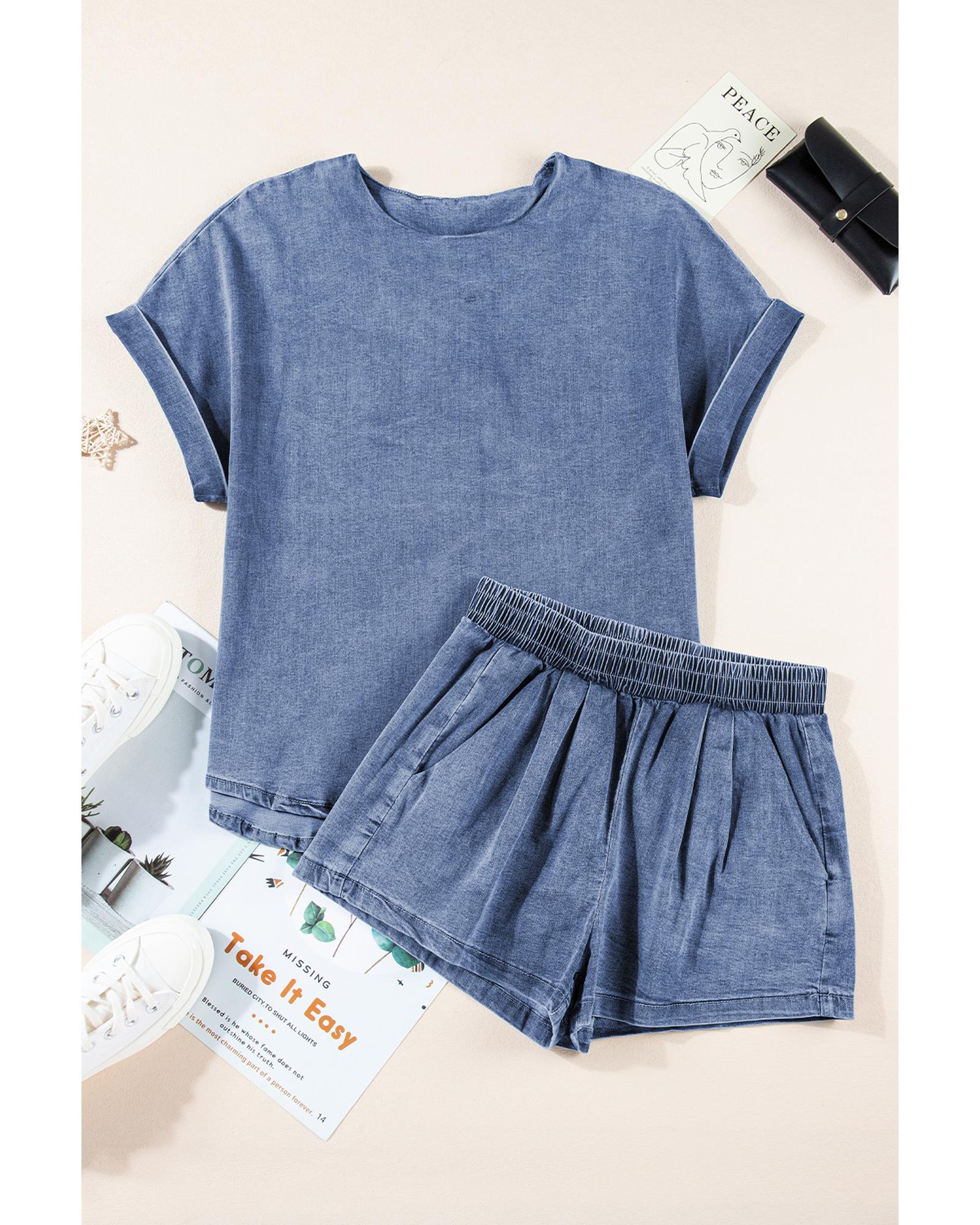 Light Blue Denim Cuffed Sleeve Tee Elastic Shorts Set - L