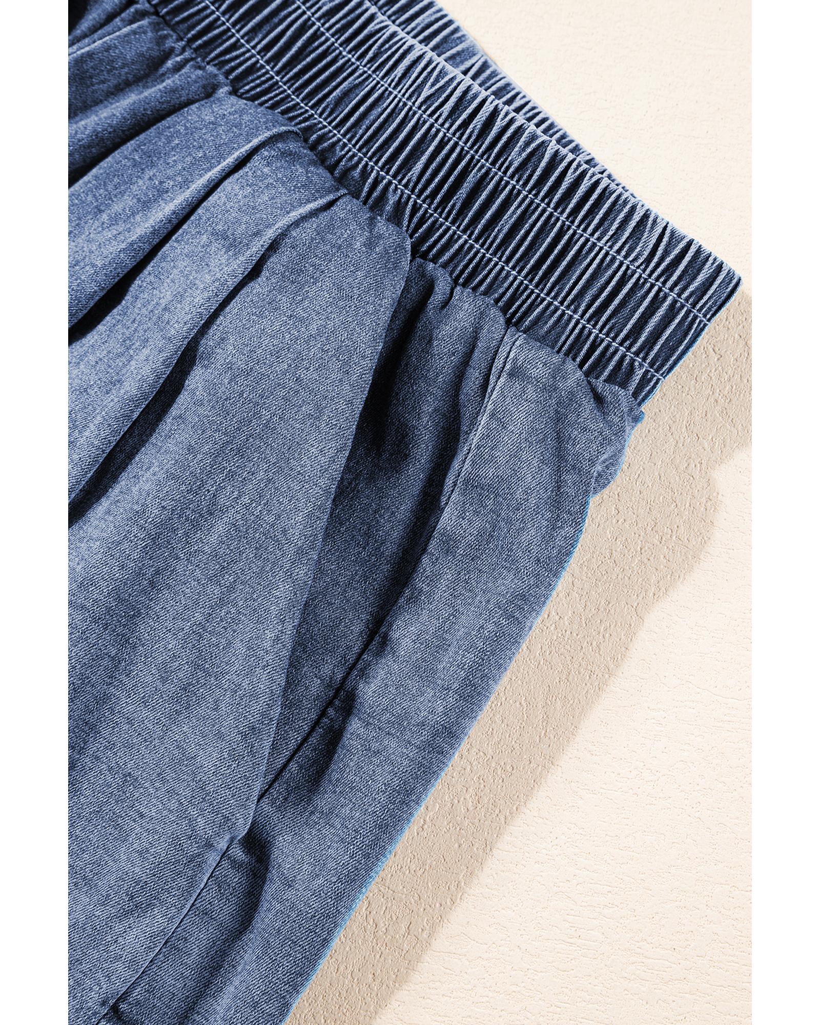 Light Blue Denim Cuffed Sleeve Tee Elastic Shorts Set - L