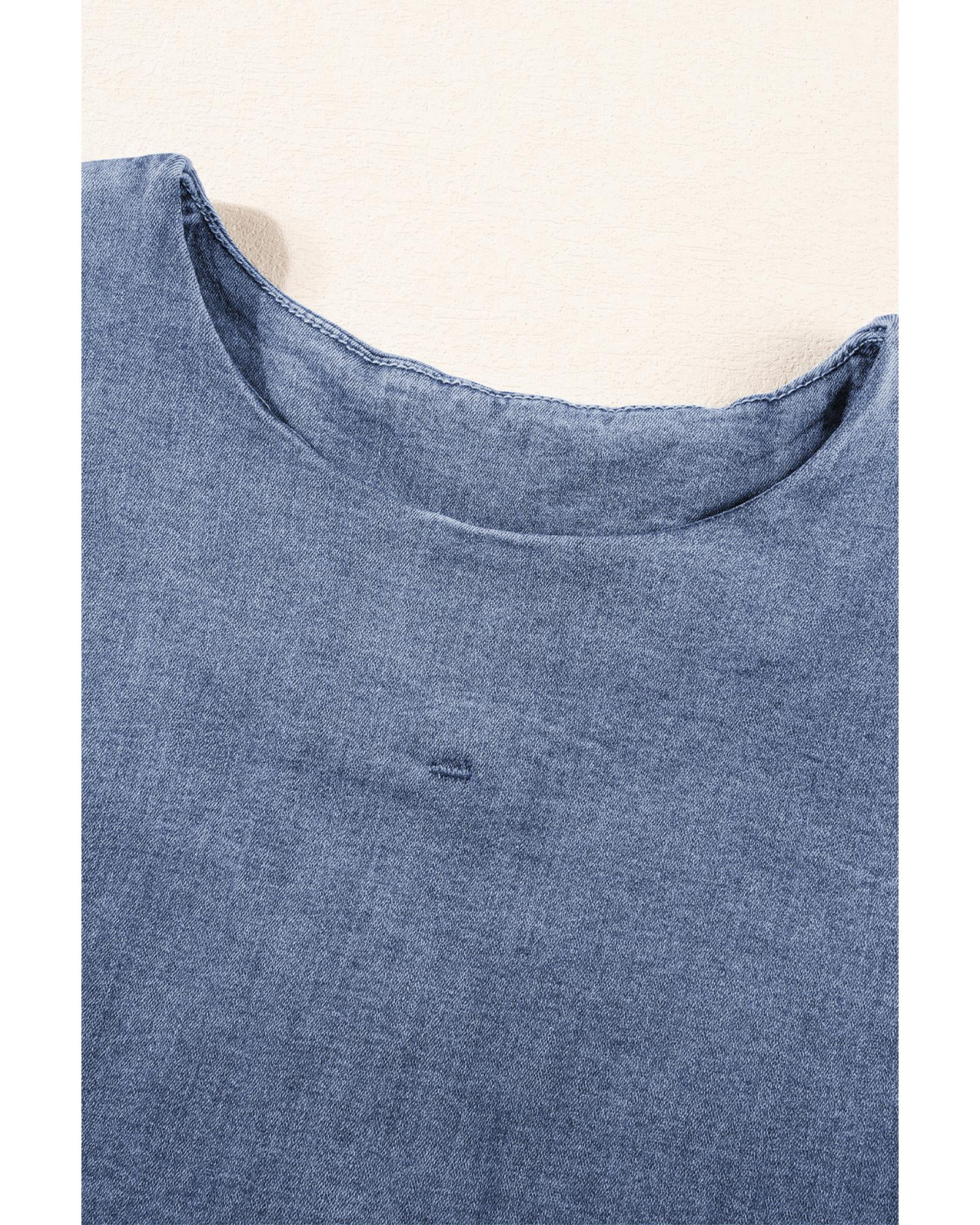 Light Blue Denim Cuffed Sleeve Tee Elastic Shorts Set - L