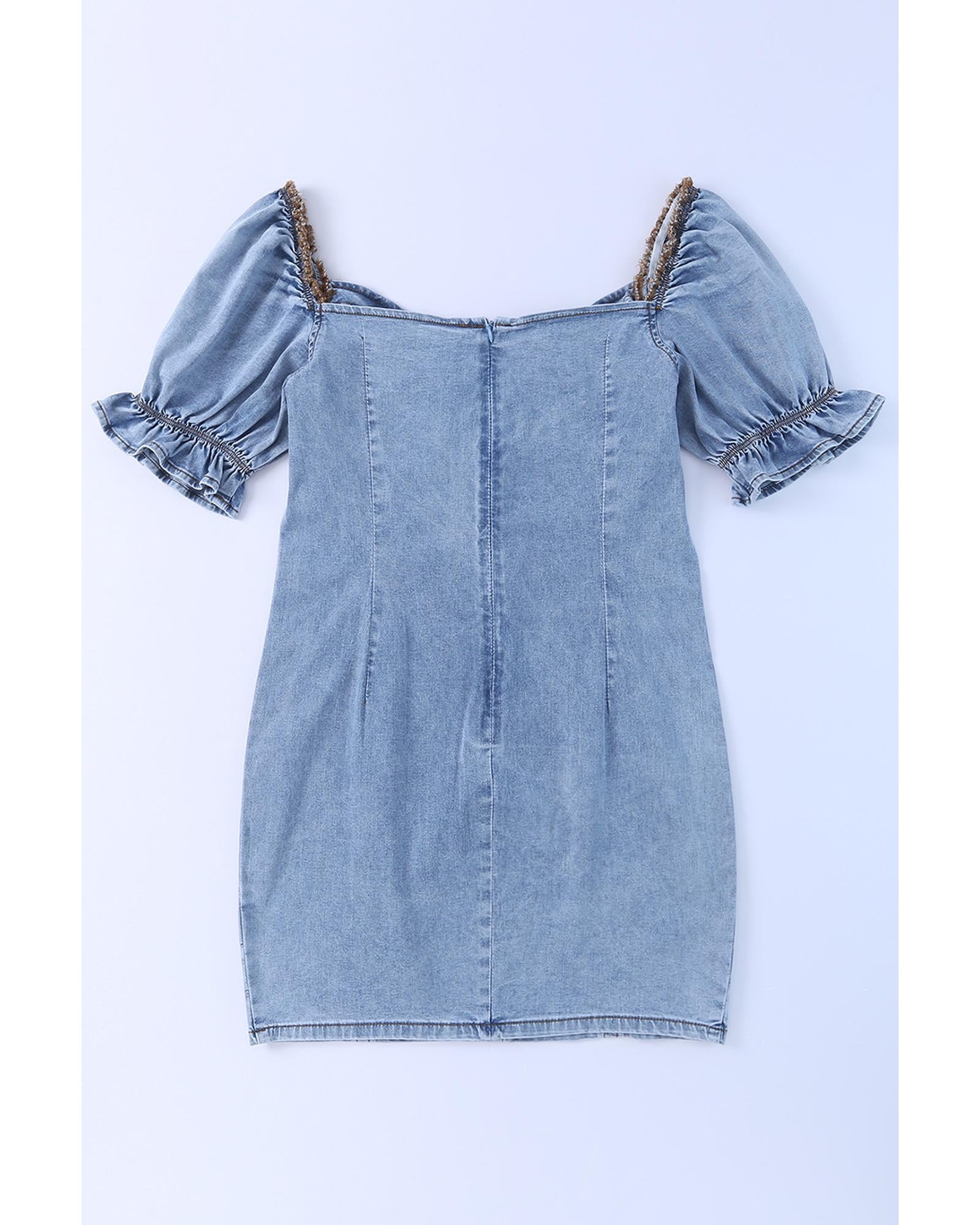 Sky Blue Buttoned Denim Bodycon Mini Dress - XL
