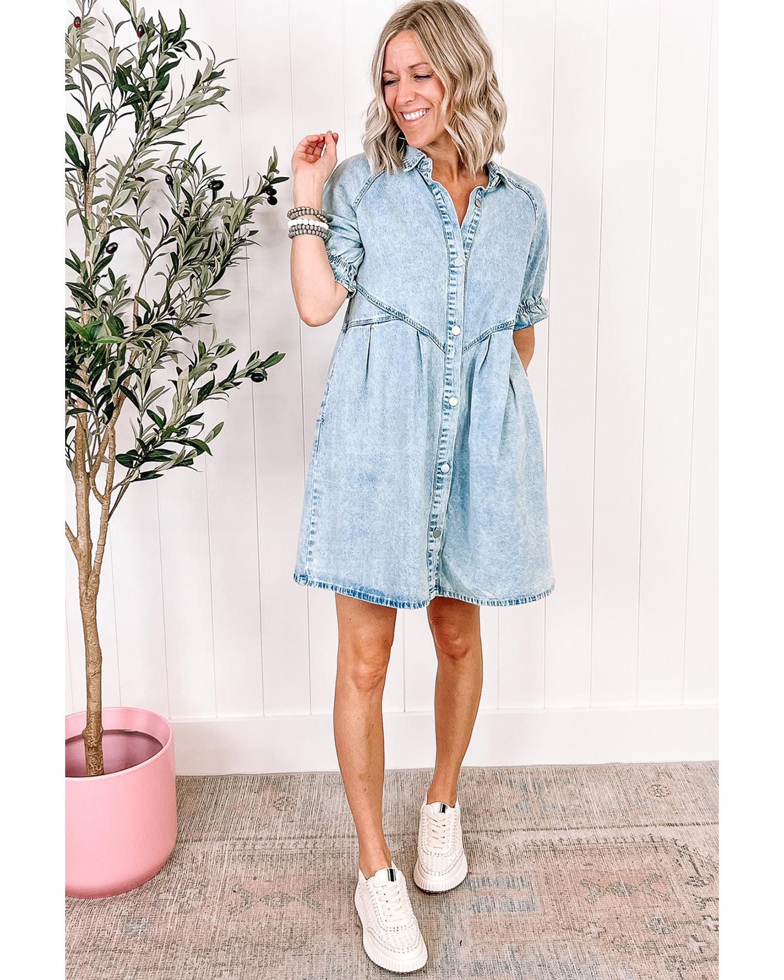 Beau Blue Mineral Wash Ruffled Short Sleeve Buttoned Denim Dress - L
