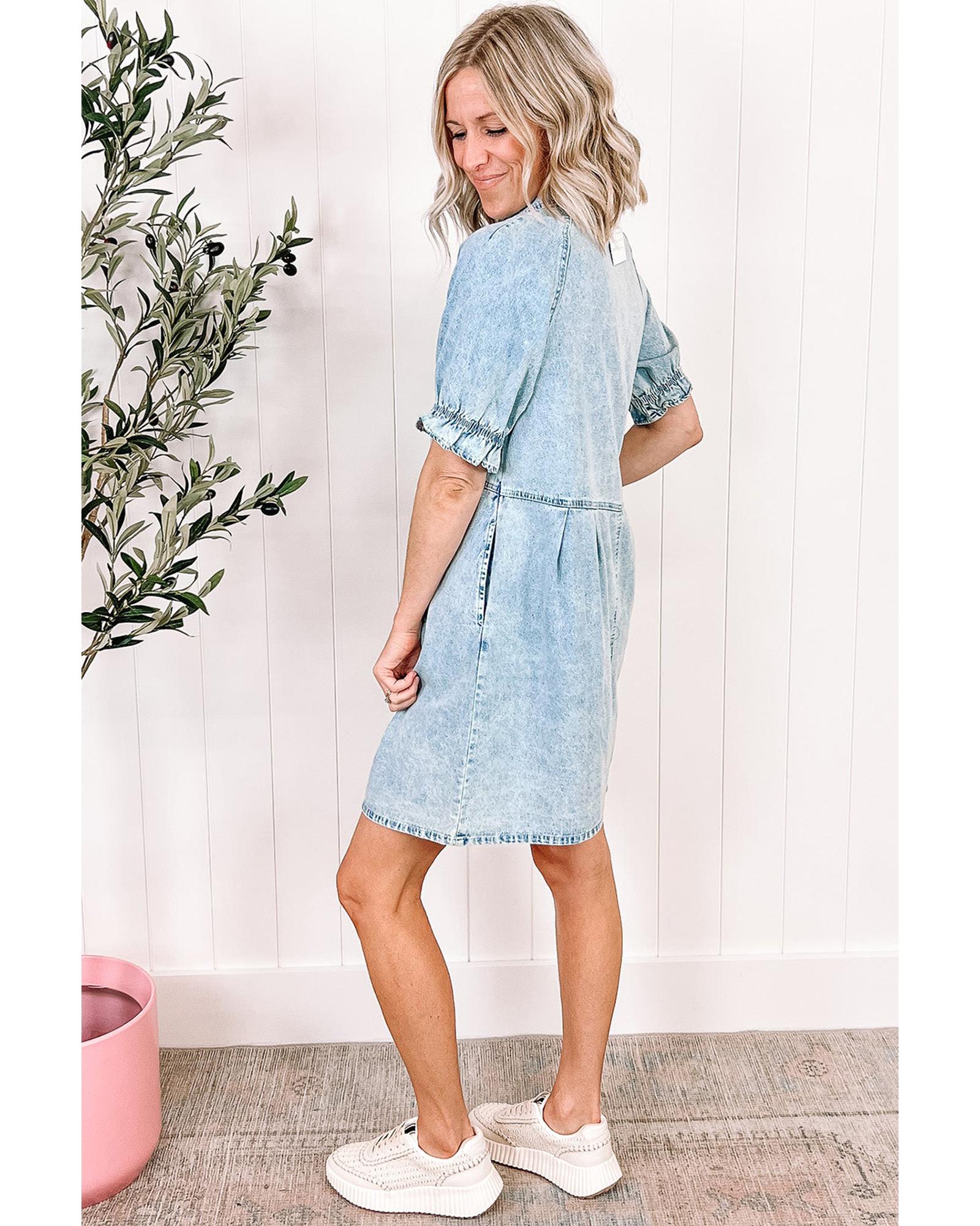 Beau Blue Mineral Wash Ruffled Short Sleeve Buttoned Denim Dress - S