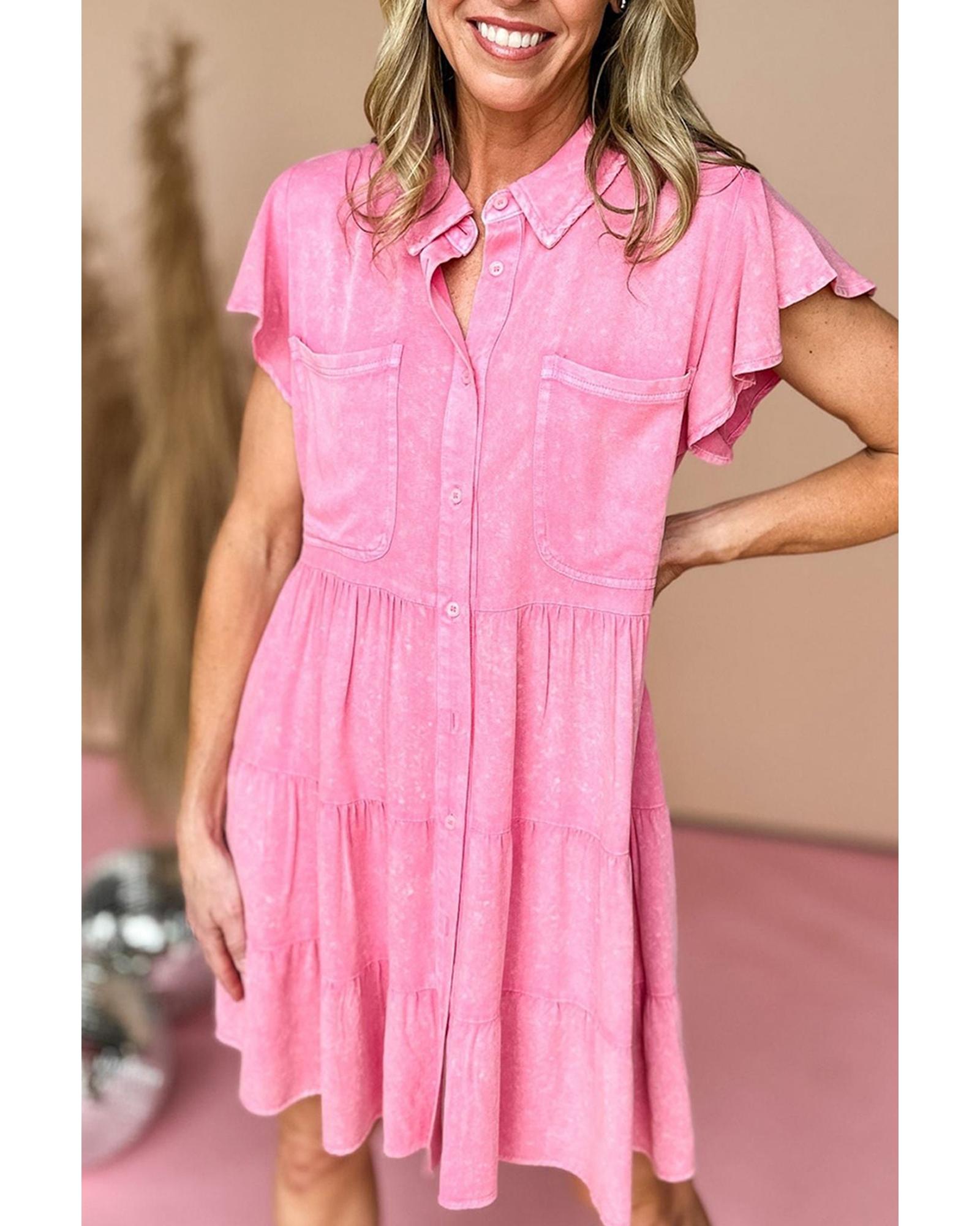 Bonbon Mineral Washed Ruffle Sleeve Tiered Chambray Dress - L