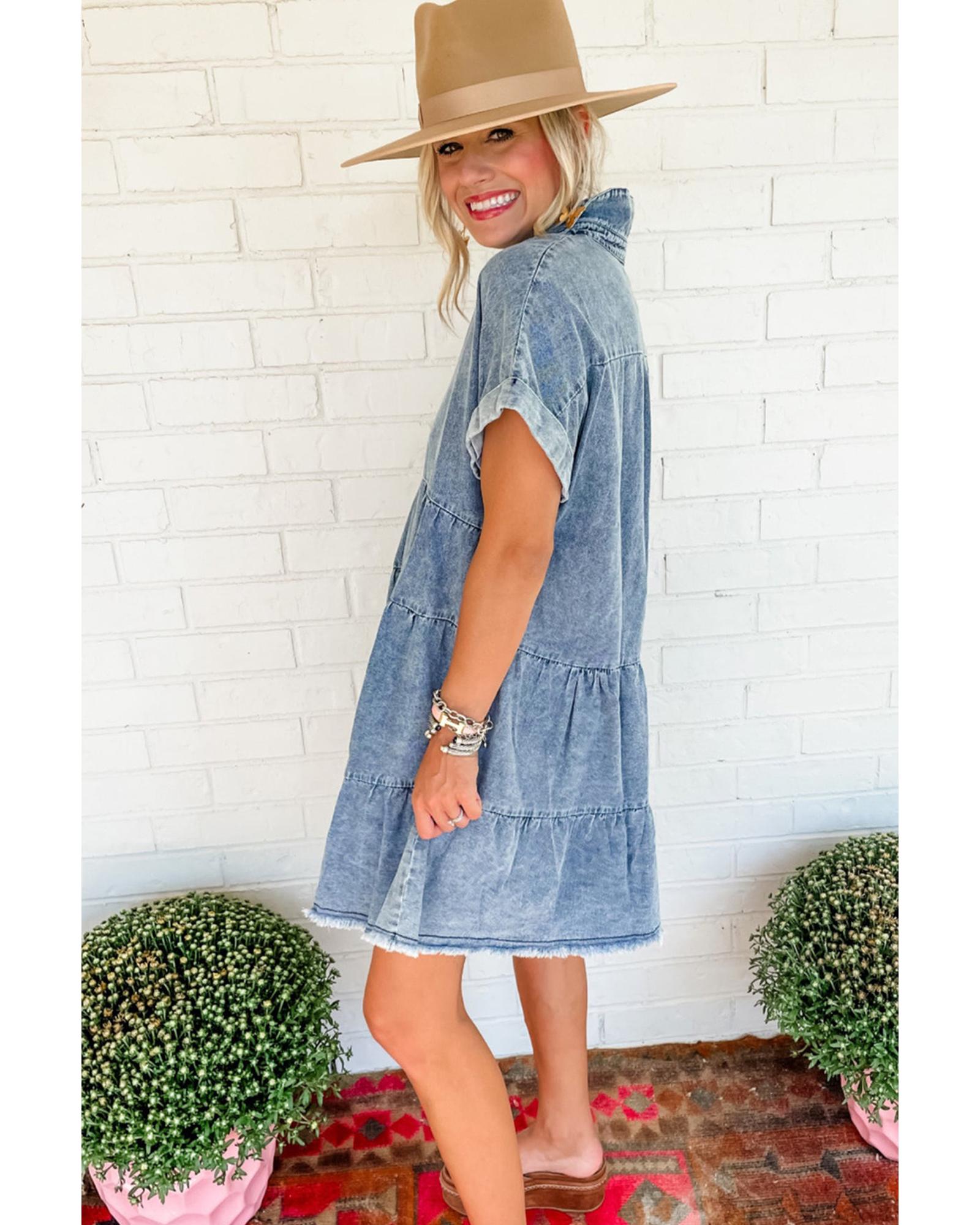 Sky Blue Acid Wash V Neck Tiered Denim Dress - M