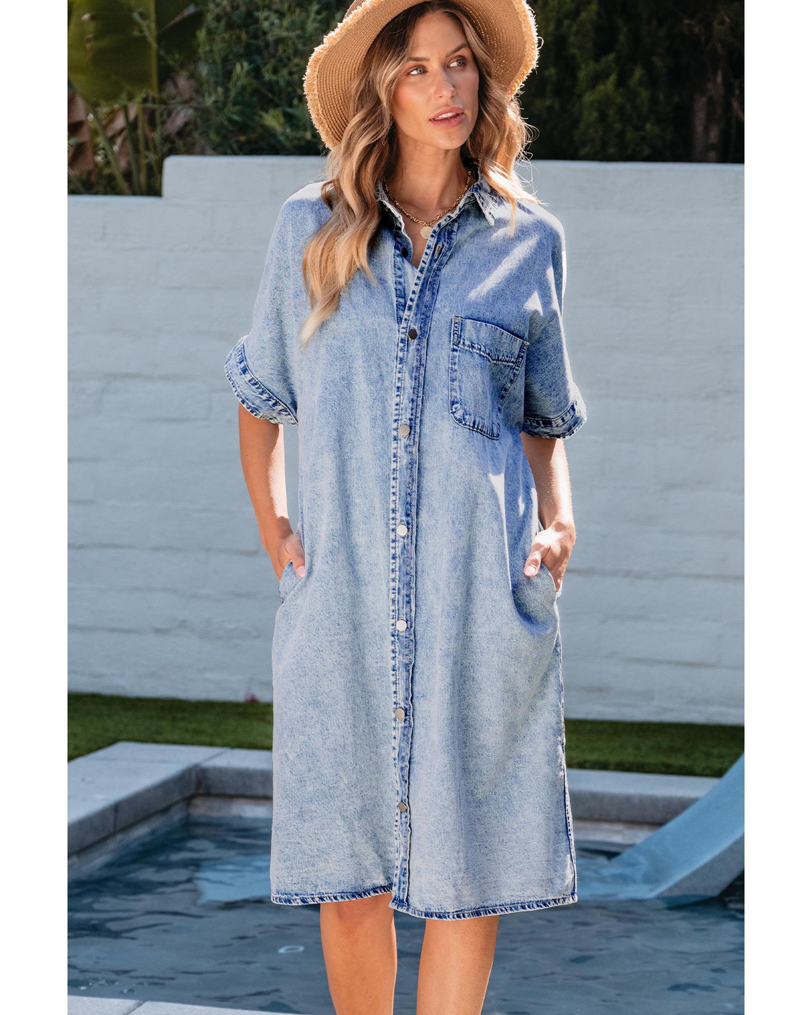 Light Blue Loose Medium Wash Short Sleeve Shirt Chambray Dress - S