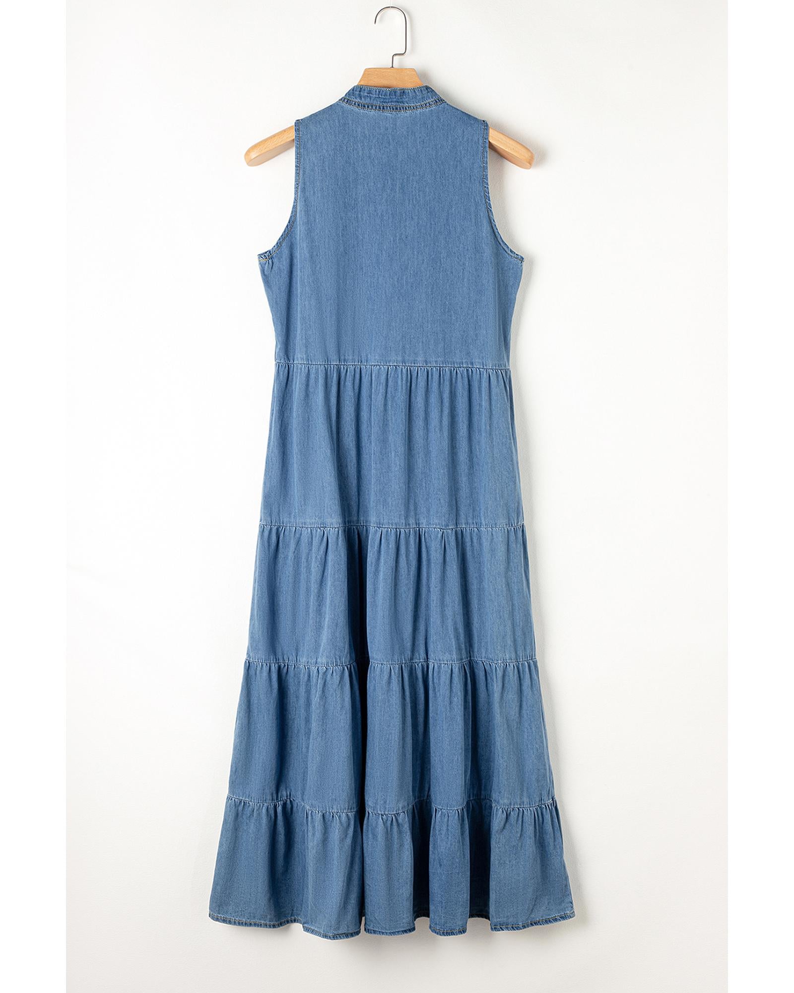 Blue Sleeveless Tiered Chambray Maxi Dress - M