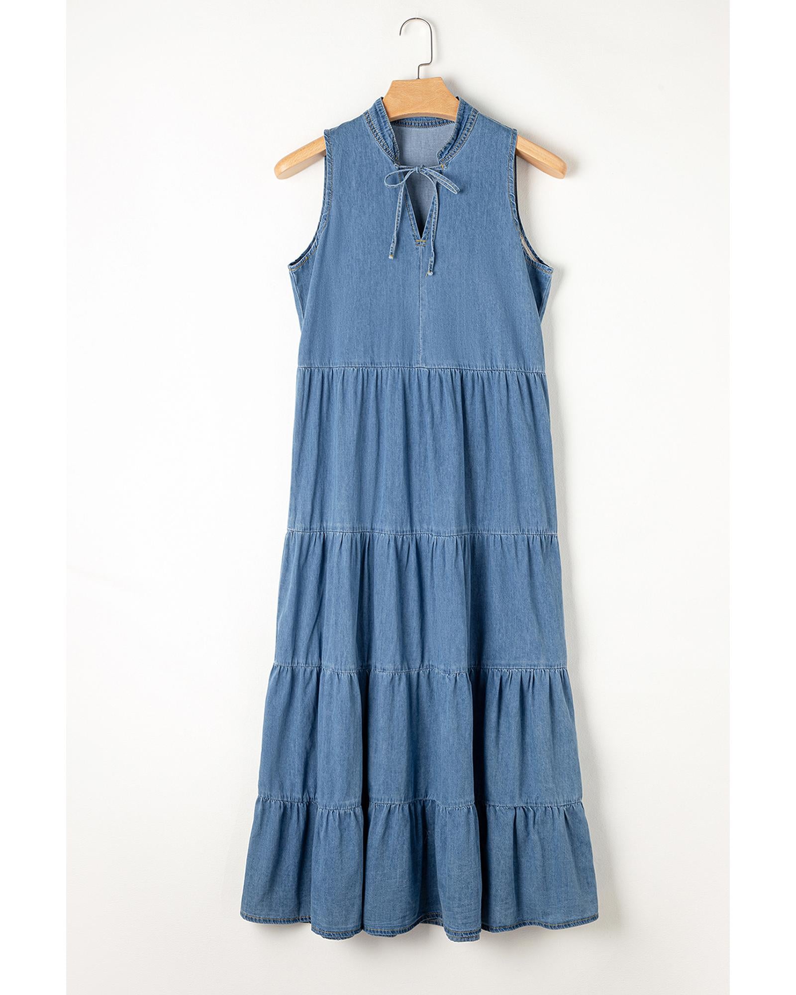Blue Sleeveless Tiered Chambray Maxi Dress - S