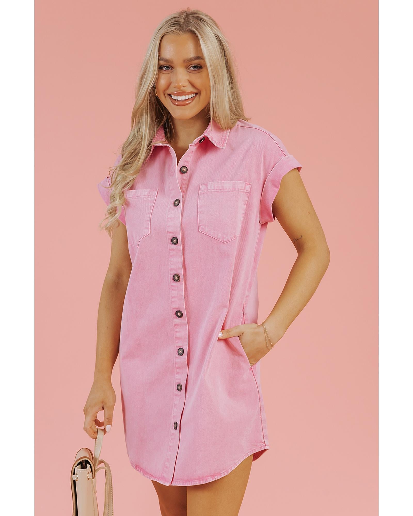 Pink Short Sleeve Double Chest Pocket Denim Shirt Dress - M
