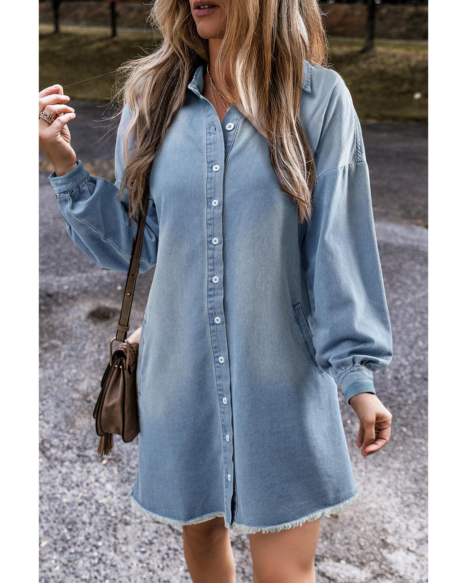 Beau Blue Risen Medium Washed Denim Shirt Dress - L