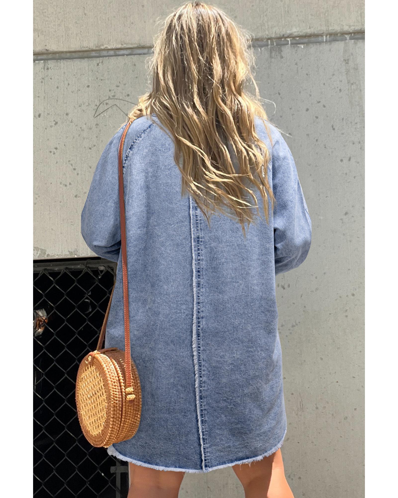 Beau Blue Mineral Wash Long Sleeve Button Up Raw Hem Pocketed Denim Dress - M