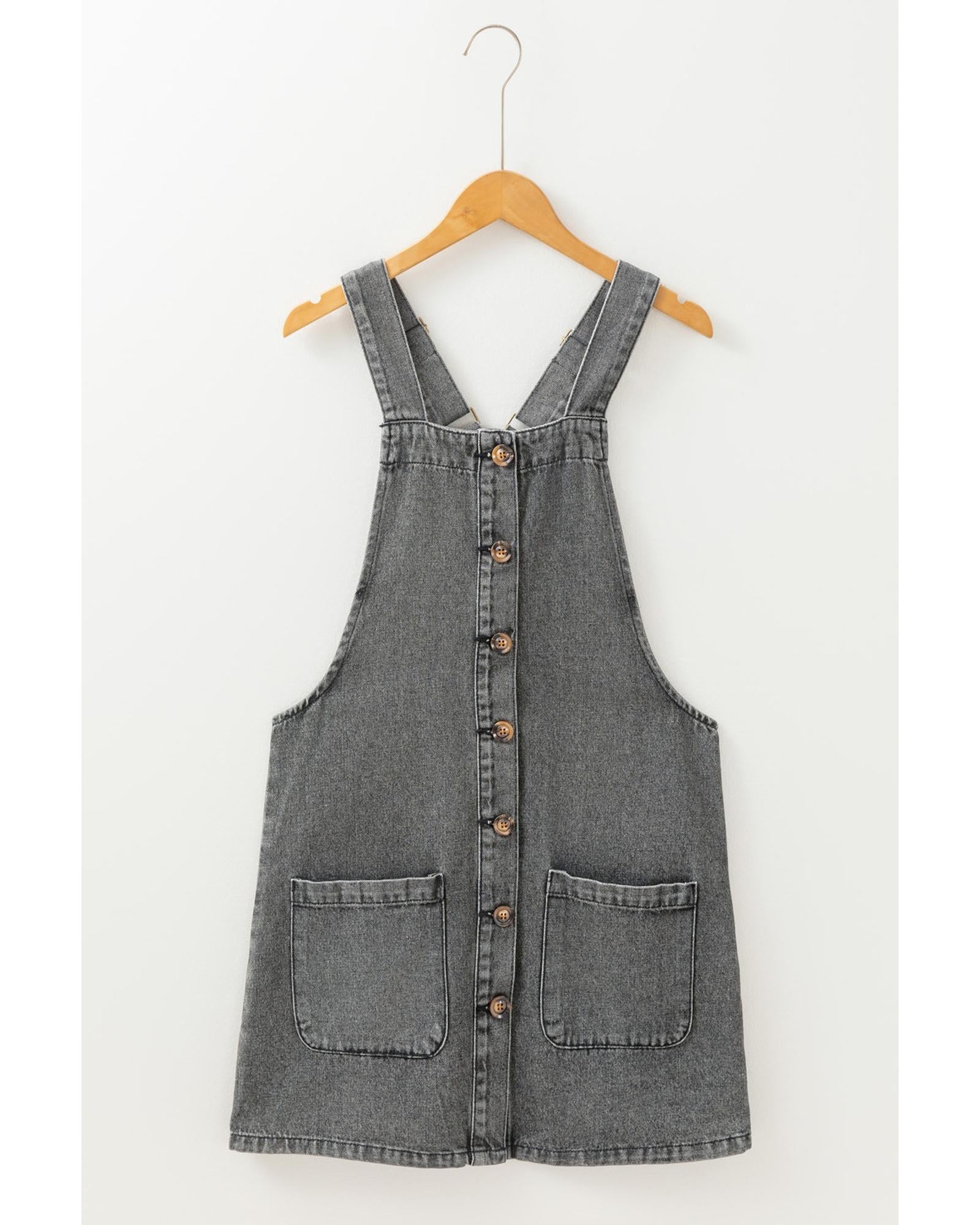 Medium Grey Wide Strap Button Front Pocketed Denim Mini Dress - L