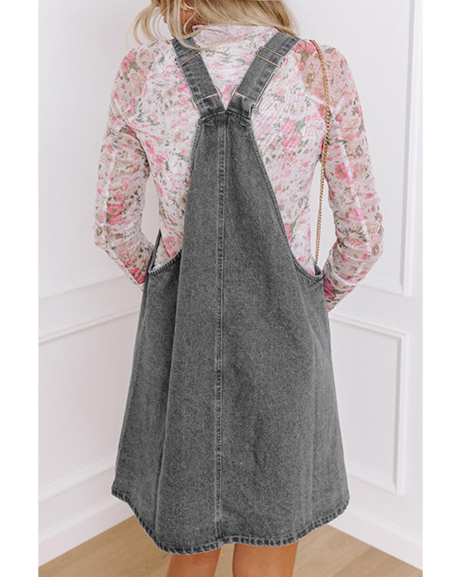 Medium Grey Wide Strap Button Front Pocketed Denim Mini Dress - L