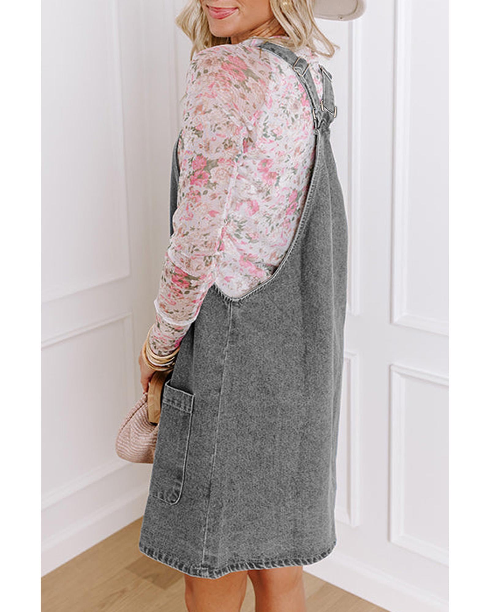 Medium Grey Wide Strap Button Front Pocketed Denim Mini Dress - M