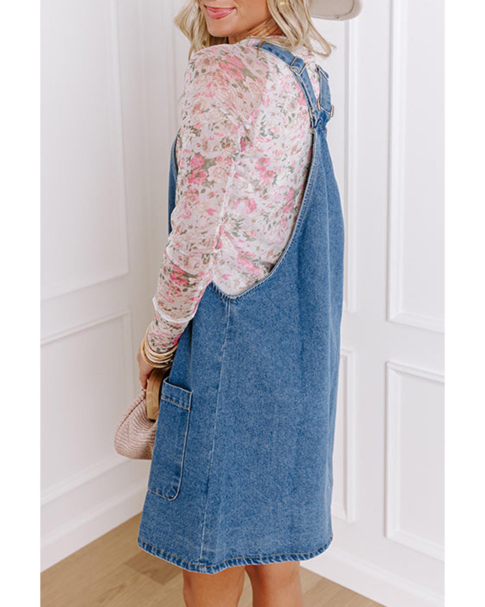 Dusk Blue Wide Strap Button Front Pocketed Denim Mini Dress - L