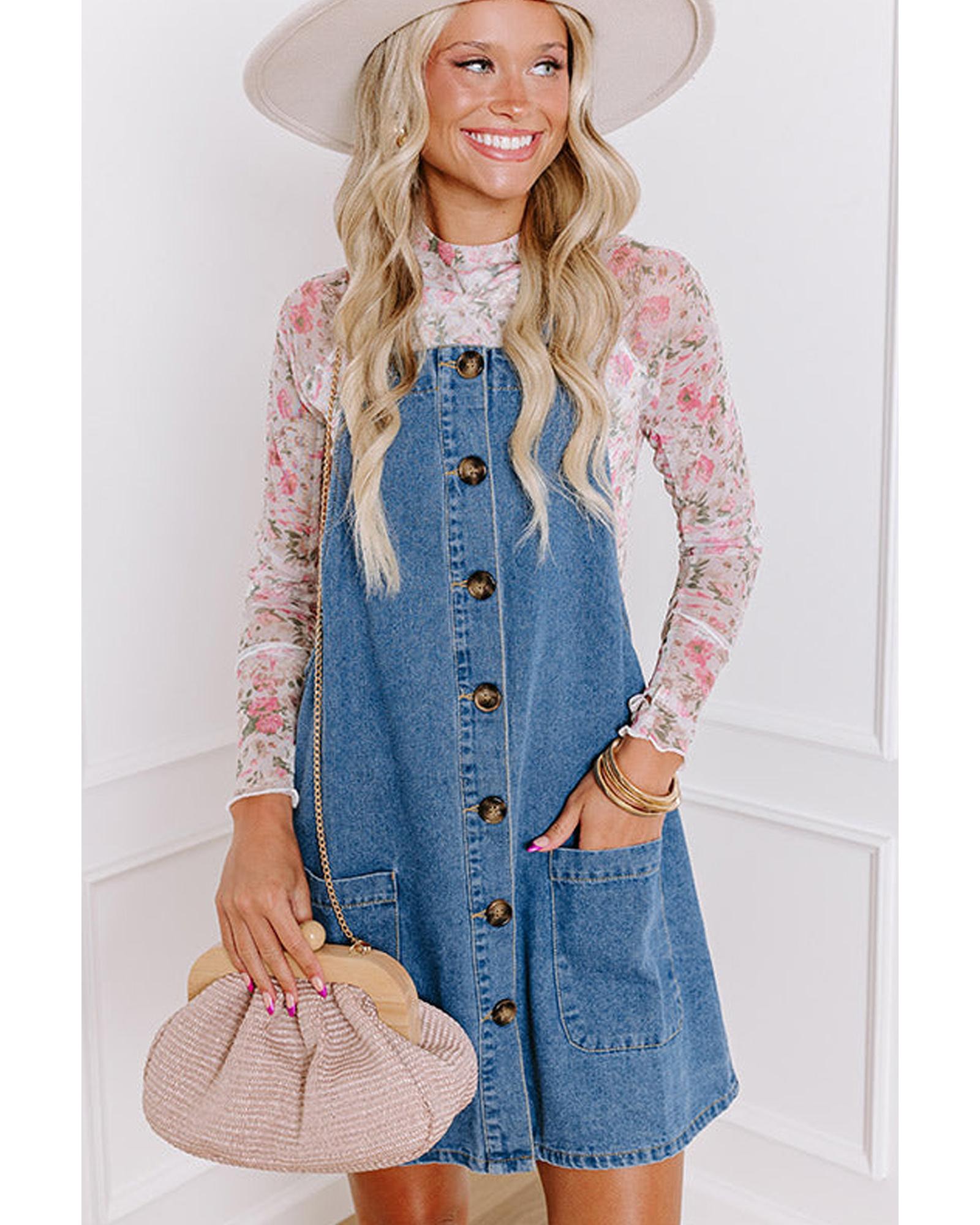 Dusk Blue Wide Strap Button Front Pocketed Denim Mini Dress - XL