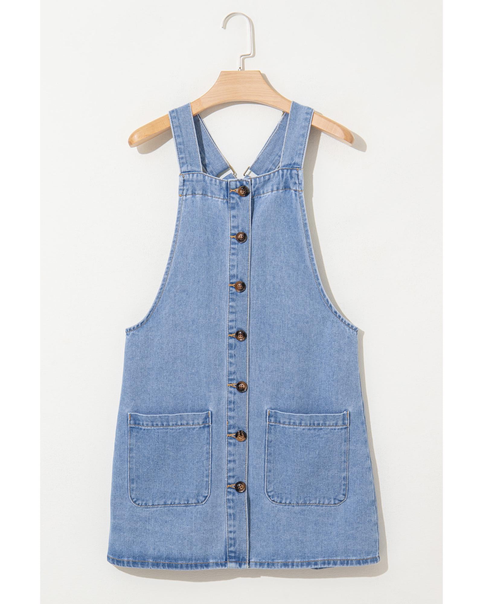 Beau Blue Wide Strap Button Front Pocketed Denim Mini Dress - XL