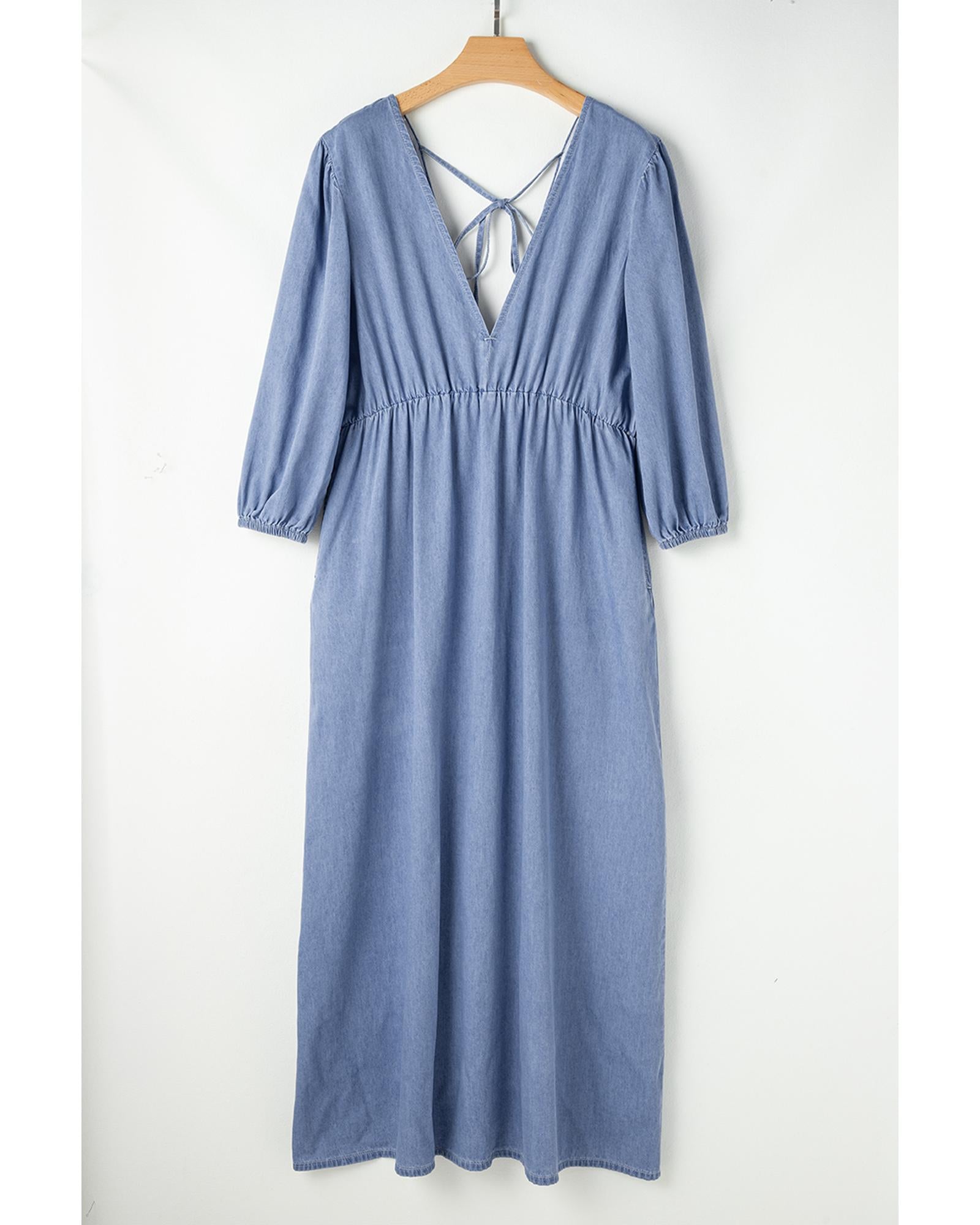 Myosotis Chambray Deep V Neck Bracelet Sleeve Maxi Dress - M
