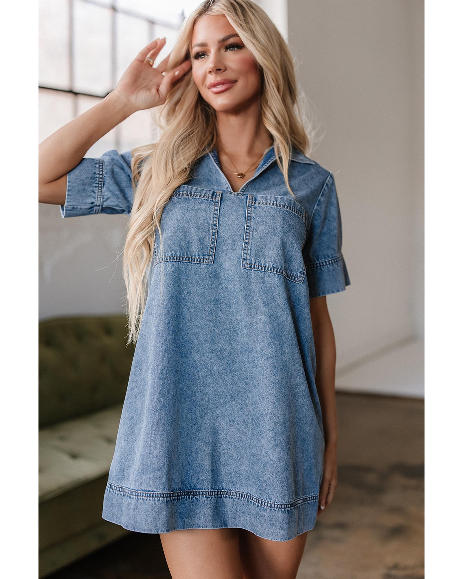 Beau Blue Short Sleeve Collared Patched Pocket Denim Mini Dress - L