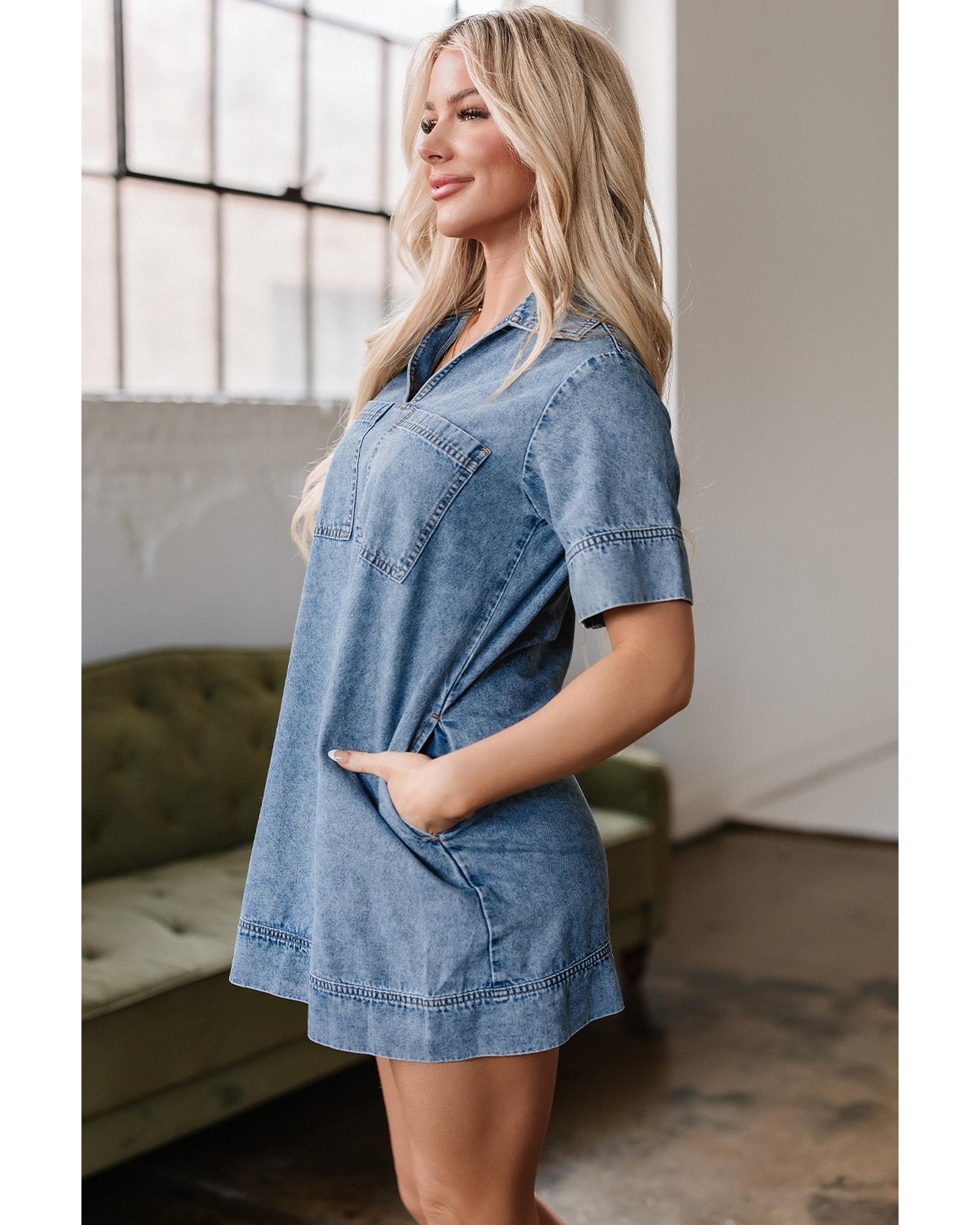 Beau Blue Short Sleeve Collared Patched Pocket Denim Mini Dress - S