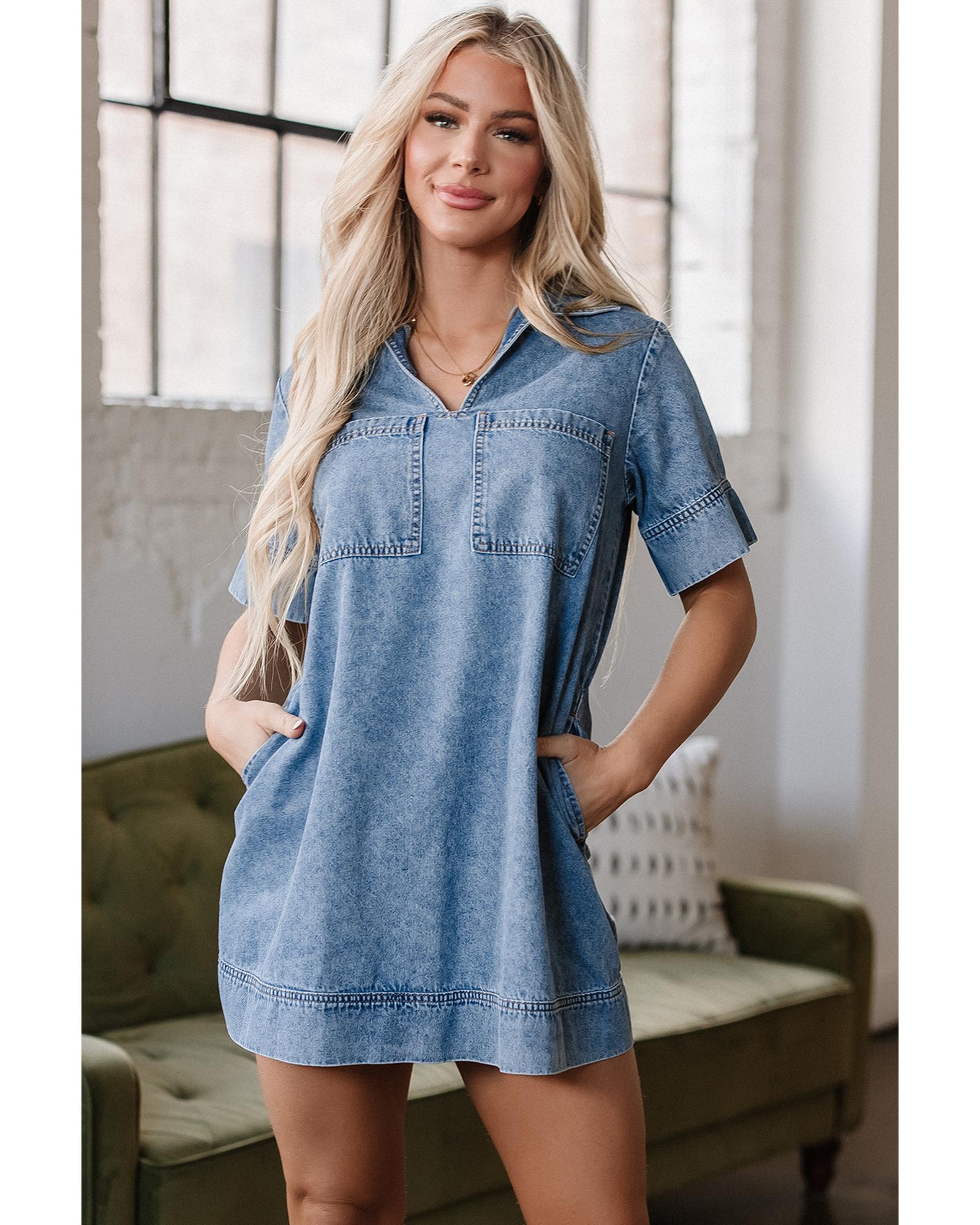 Beau Blue Short Sleeve Collared Patched Pocket Denim Mini Dress - S
