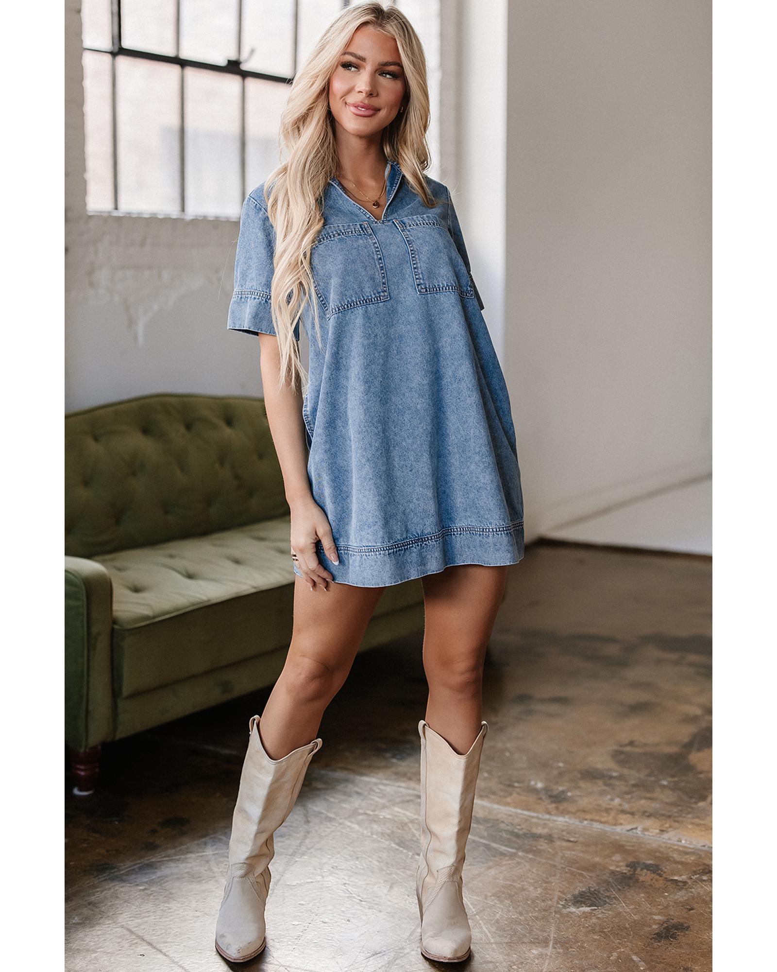 Beau Blue Short Sleeve Collared Patched Pocket Denim Mini Dress - S
