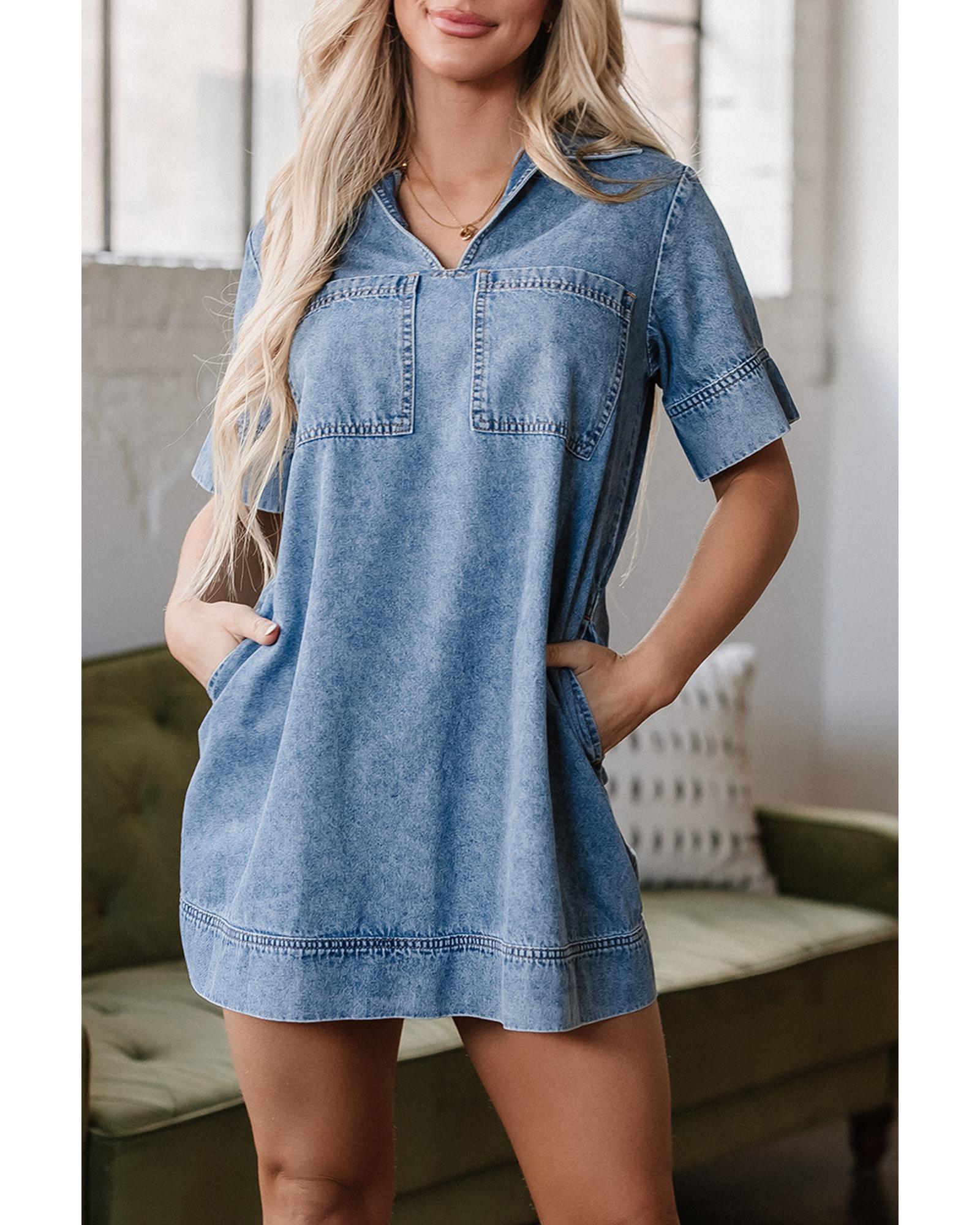 Beau Blue Short Sleeve Collared Patched Pocket Denim Mini Dress - S