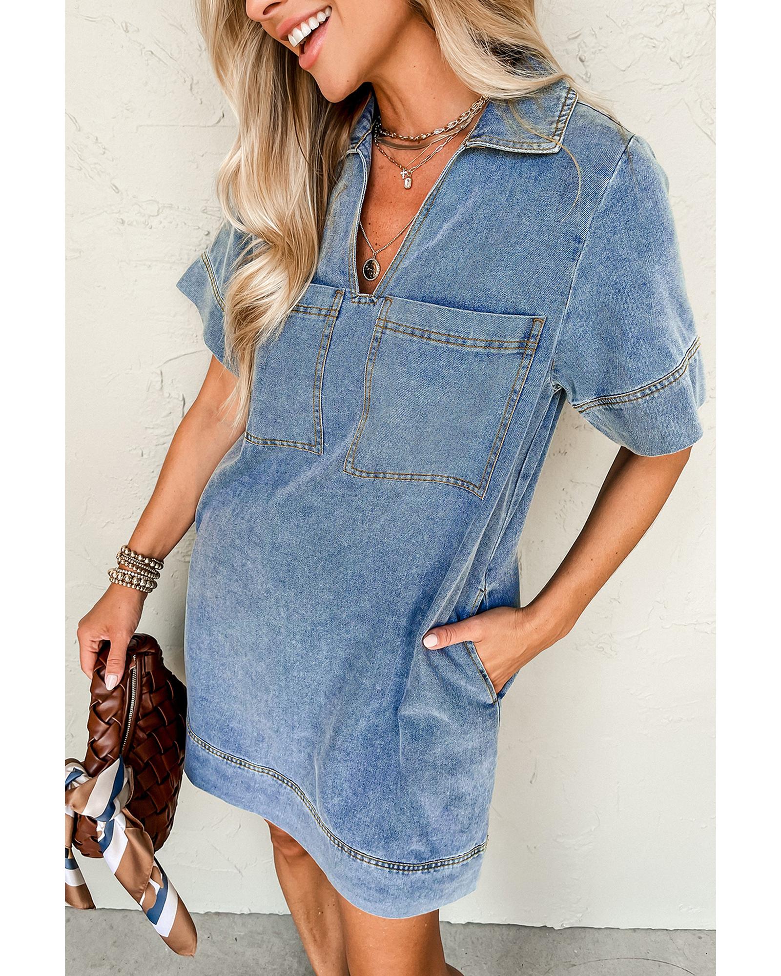 Beau Blue Short Sleeve Collared Patched Pocket Denim Mini Dress - S